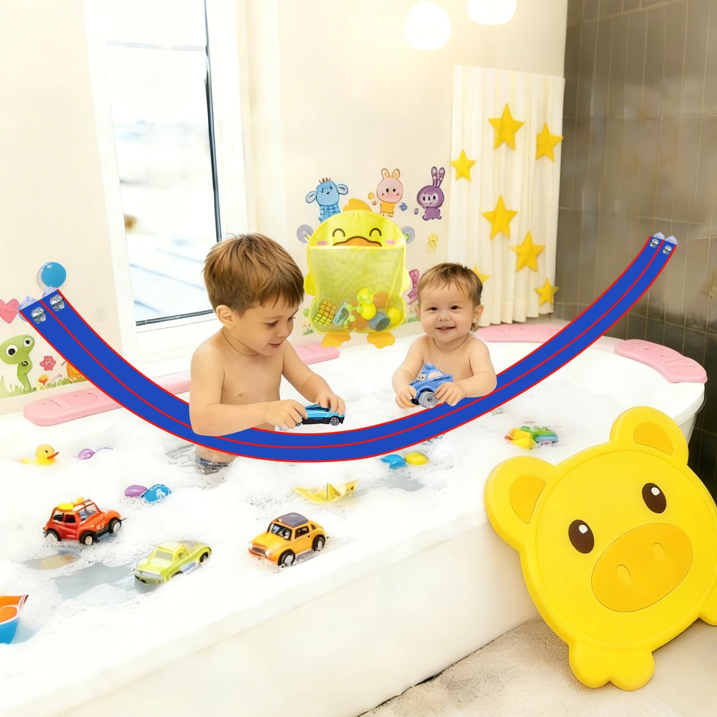 Race Car Bath Toy Set, Toddler Bath Toys, Flex Race Track Car Set, Kids Bathtub Gift, Including Mesh Storage Bag - Suction Cup, for Ages 3 & Up (10-Piece Set) (Blue & Red)