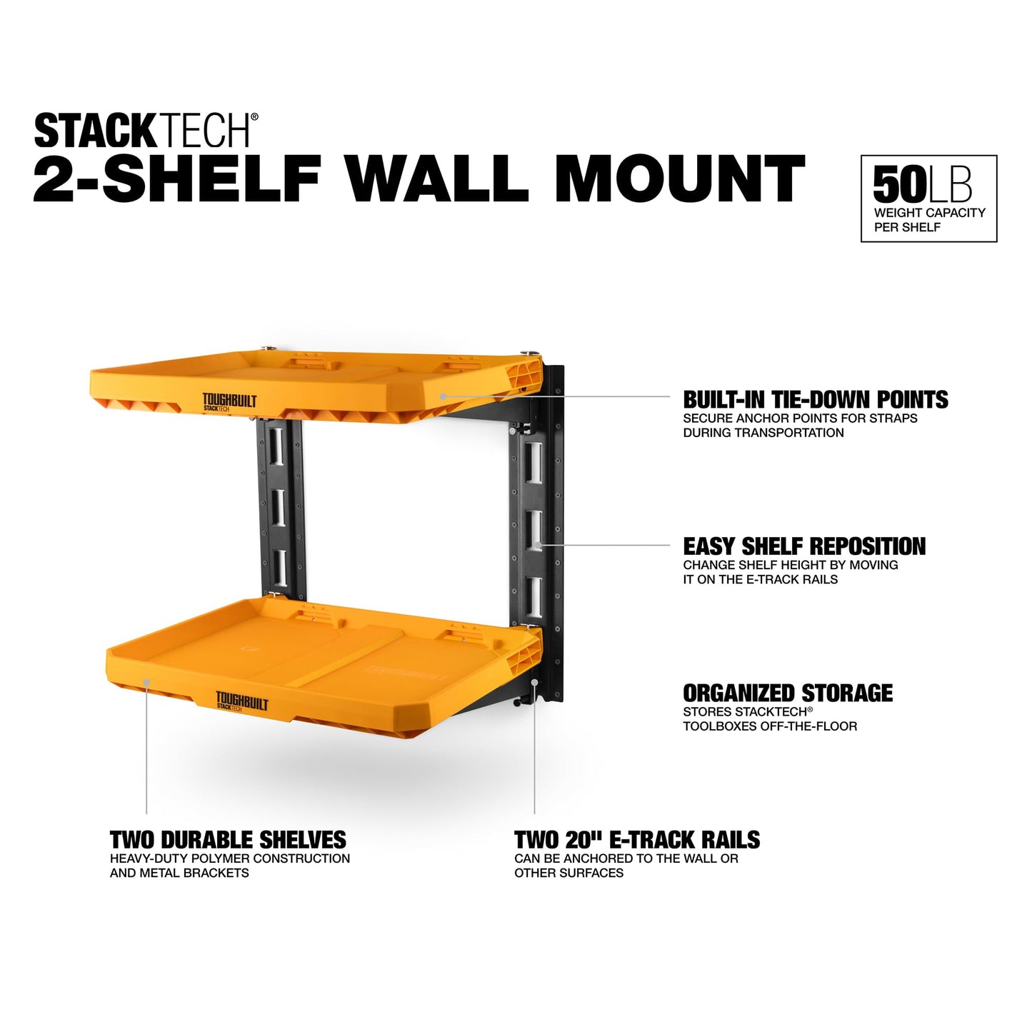 ToughBuilt 2-Shelf Storage, Wall Mounted Garage Organizer Shelves, StackTech System