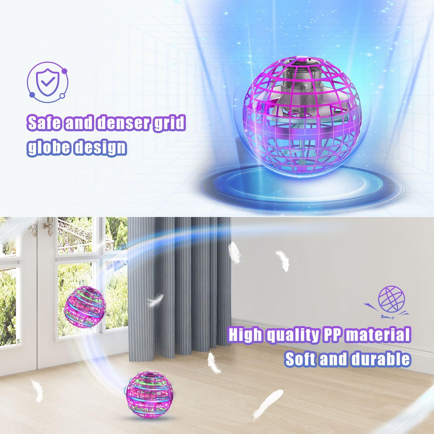 XINHOME 2 Pcs Flying Orb Ball Toys(Blue+Pink) Soaring Hover Boomerang Spinner Hand Controlled Mini Drone for Kids Adults Outdoor Indoor