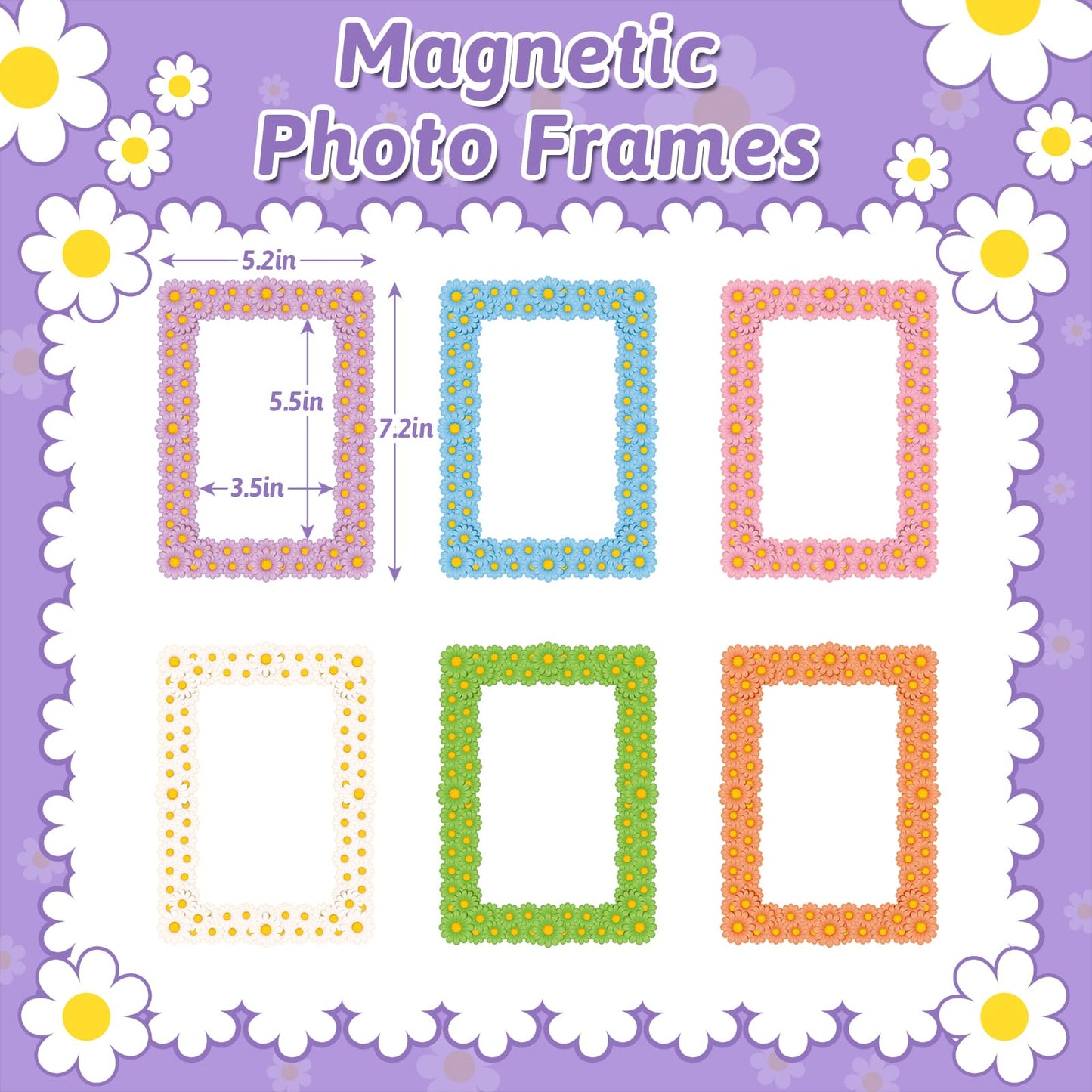 SUNEZLGO 6 Pack Magnetic Picture Frame, 4 x 6 Inches Fridge Magnetic Photo Frames, Magnetic Photo Frames for Refrigerator, Daisy Design Picture Frames for Home School Office