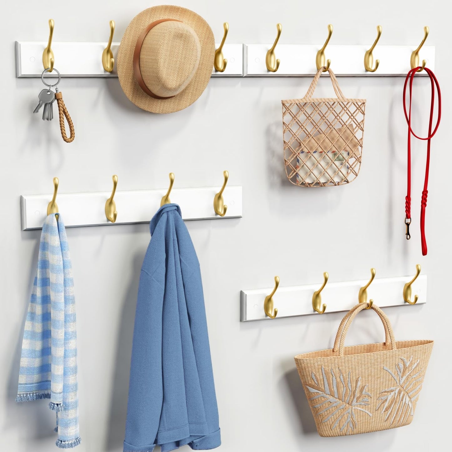 Forbena Gold Coat Rack Wall Mount, Decorative Coat Hooks for Wall, Heavy Duty Coat Hanger Key Holder for Hanging Hats, Coats, Purses, Bags Bathroom, Teen Grils Room (White and Gold, 4 x 4 Hook)