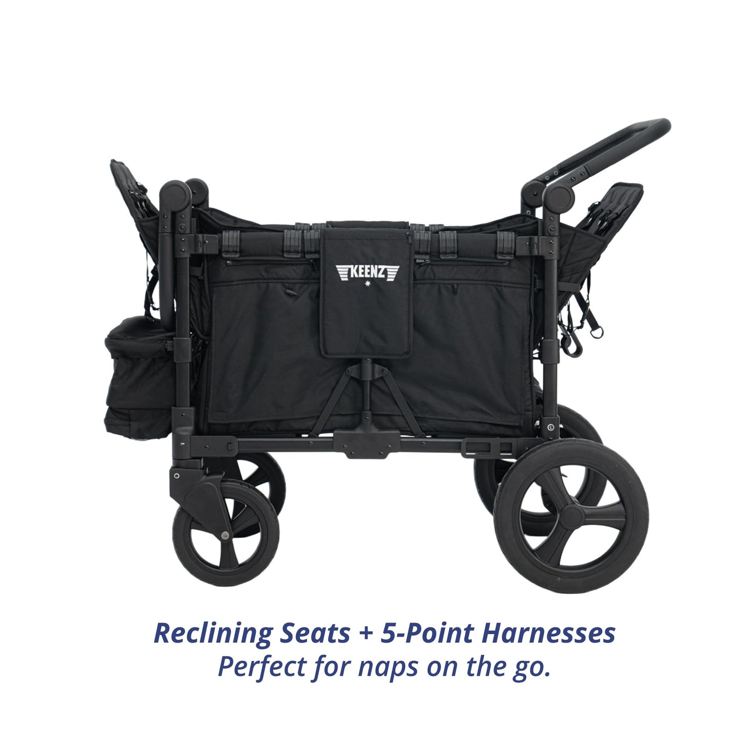 Keenz MOOV 4-Passenger All-Terrain Stroller Wagon with Reclining Seats, Built-in Cooler, Push/Pull Handle, Rubber Wheels, and Activity Tray – Foldable Wagon for Four Kids, Black