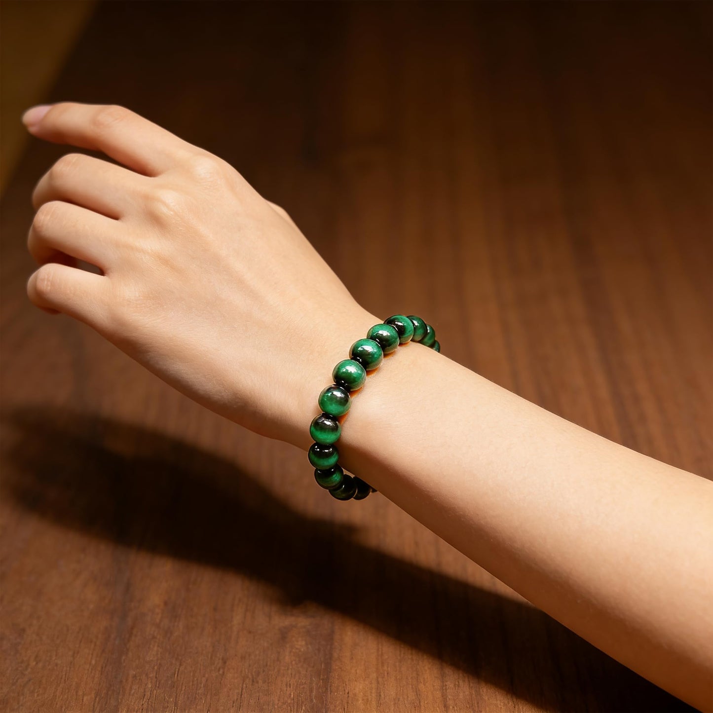 Cryhand Female 8mm Beaded Bracelets For Women Simulated Green Tigers eye Bracelet for Men Handmade Lucky Money Stretchy Crystal Bracelets Best Gifts