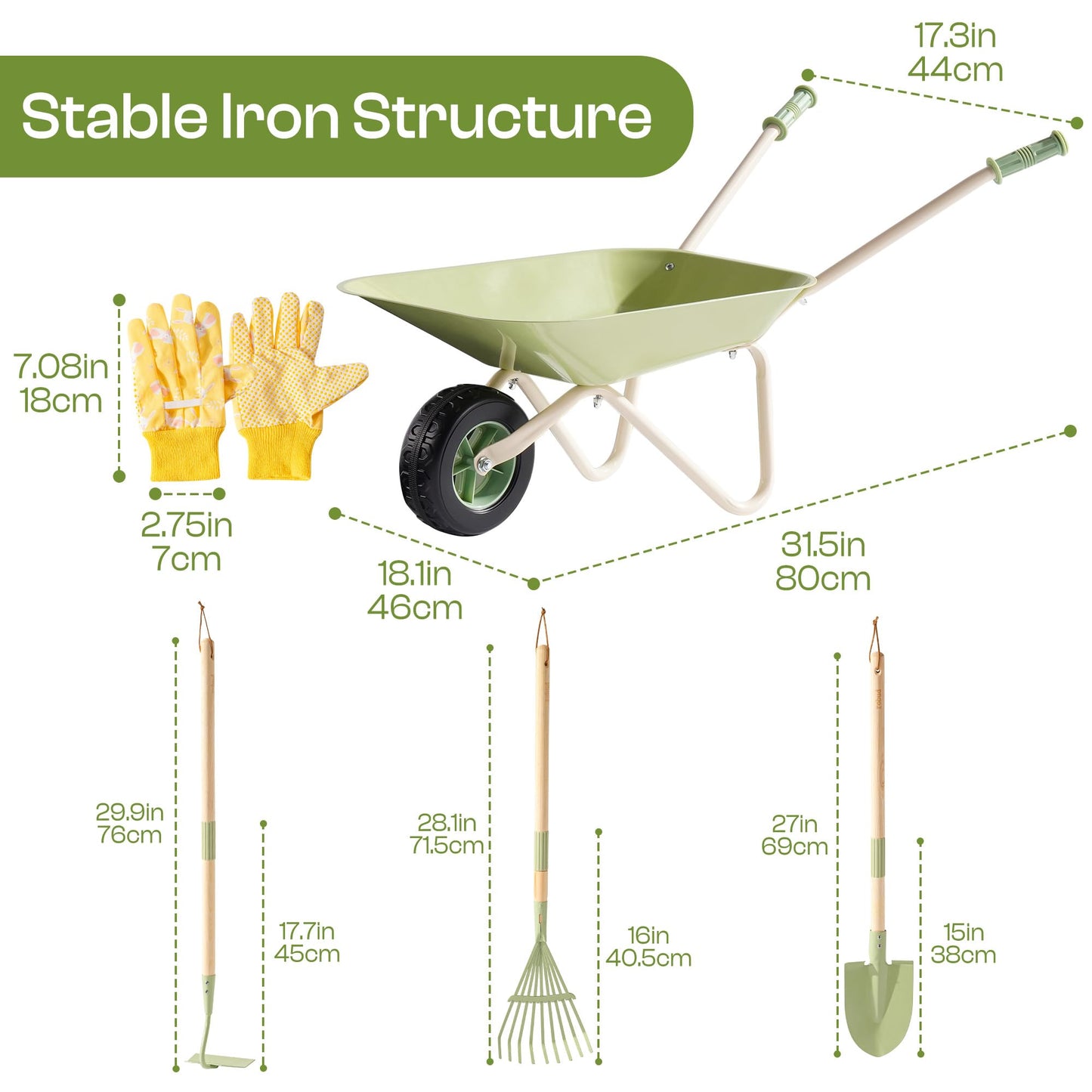 ROBUD Kids Wheelbarrow Set, Green Metal Toddler Wheelbarrow with Shovel, Hoe, Broom & Gloves, Kid Gardening Set for Kid to be Closer to Nature, WRP43