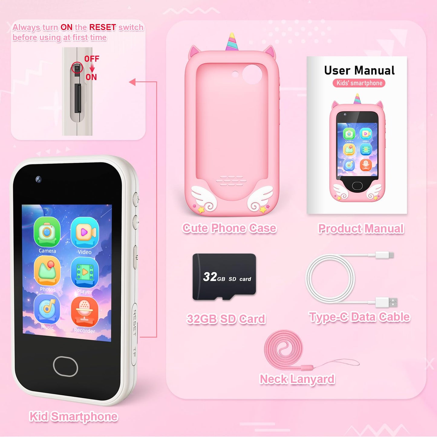 Gocina Kids Phone for Girls Age 3-10 - Toddler Smart Phone Toys with Touchscreen, Dual Cameras, Learning, Perfect Christmas Birthday Gift with 32G SD Card