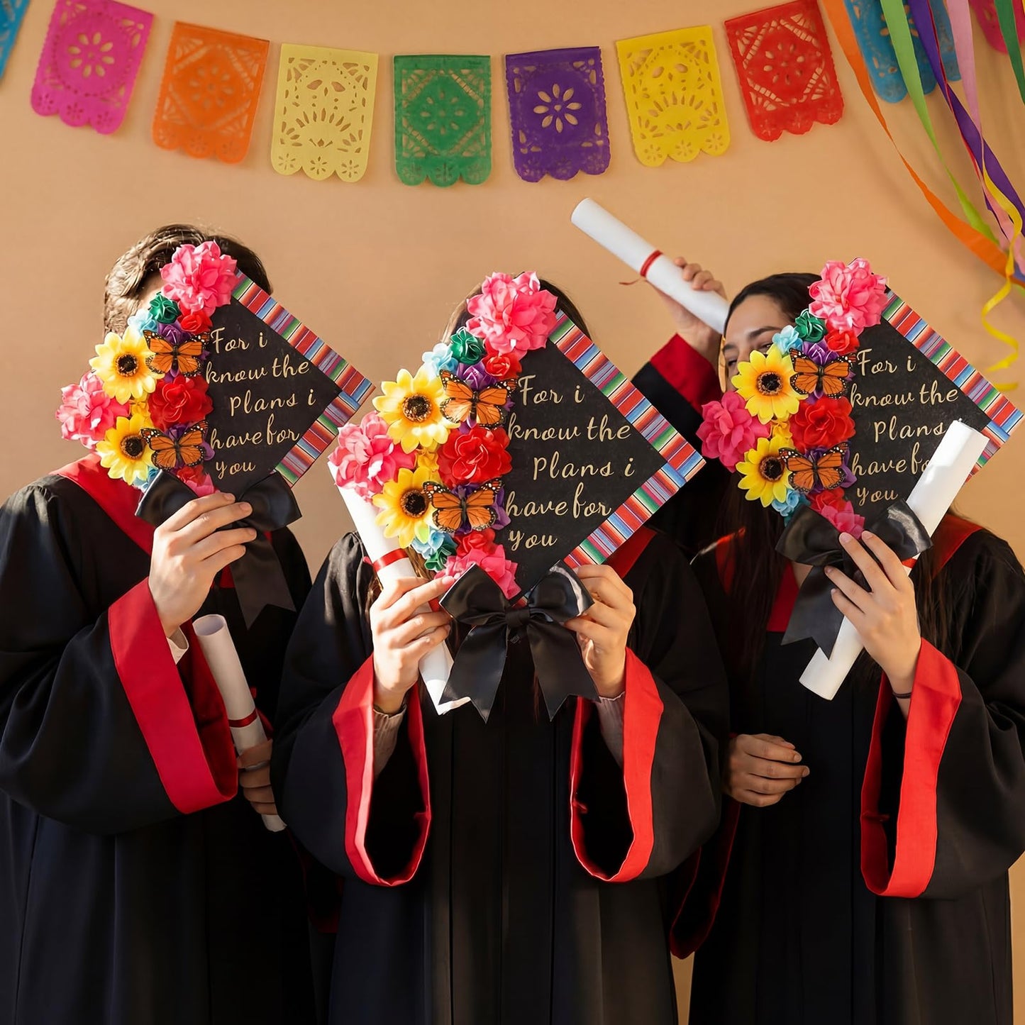 Gersoniel Colorful Graduation Cap Decorations Kit with Pre-assembled Faux Flowers Glitter Cardstock Stickers Butterfly Alphabet Decal (Mexican)