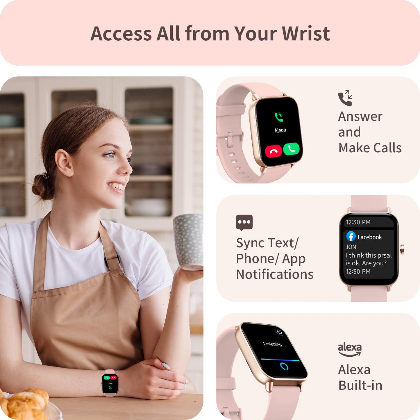 Smart Watch for Women, Alexa Built-in, 1.8" Touch Screen Fitness Tracker, Make/Answer Calls, Heart Rate/Sleep/SpO2 Monitor, Pedometer, IP68 Waterproof Watches for Android iPhone, 101+ Sport Modes