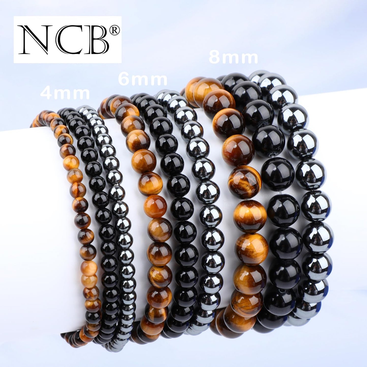 NCB 3-Piece 8mm Natural Crystal Gemstone Stretch Bracelets – Black Onyx, Hematite, Yellow Tiger's Eye Handmade Reiki Energy Healing Jewelry for Meditation,Yoga, Unisex
