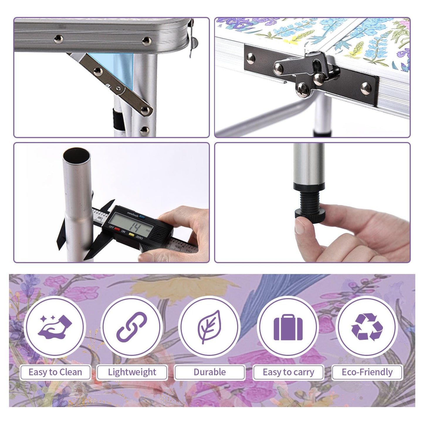 Yriuat Folding Camping Table 2ft Portable Pinic Table Adjustable Height Small Card Table Aluminum Foldable Lightweight with Carry Handle for Outdoor Indoor Hiking Camp BBQ Beach (Blooming Floral)