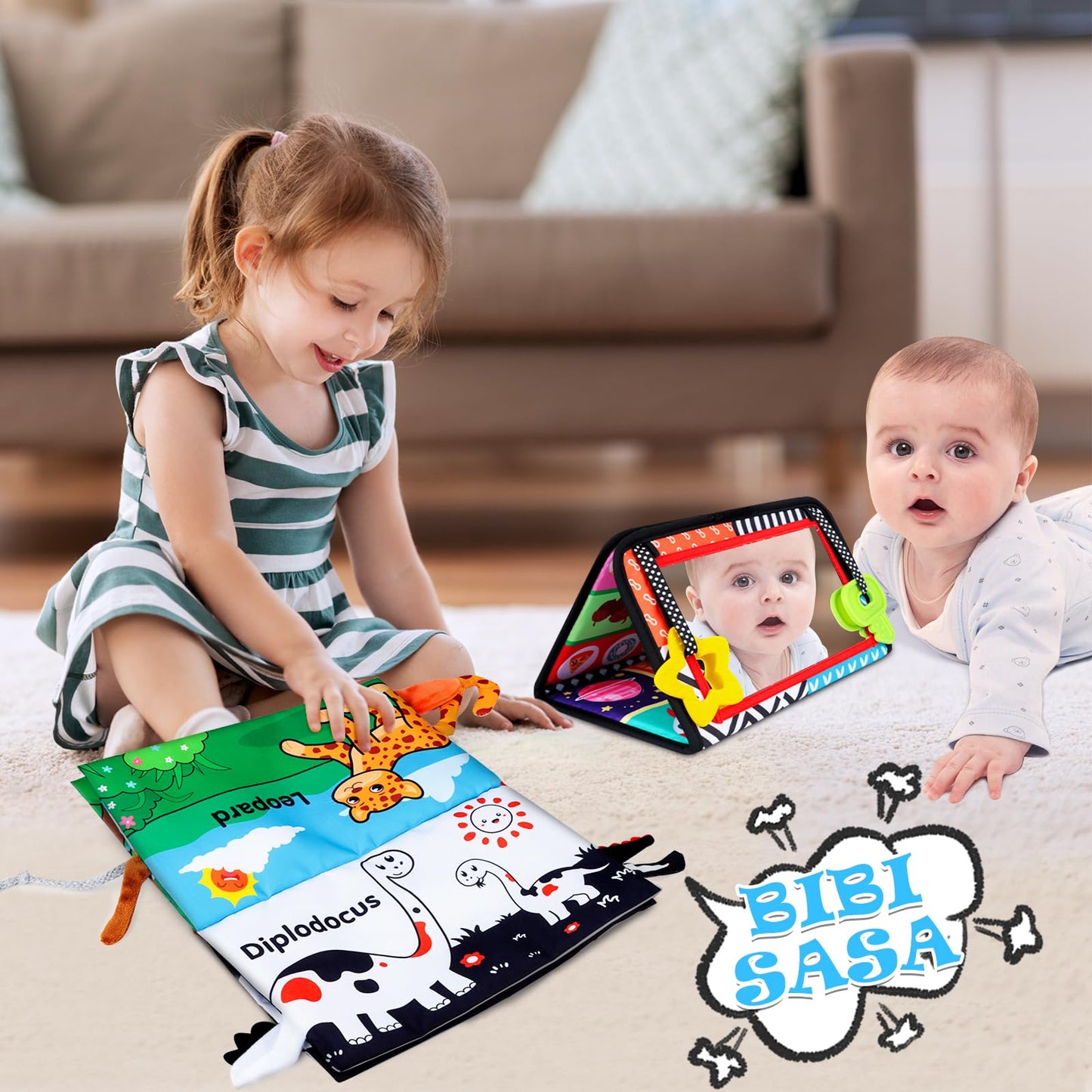 Aboosam Tummy Time Baby Mirror Toys 0-6 6-12 Months - Montessori Infant Toys Brain Development with Crinkle Cloth Book and Teether - High Contrast Newborn Sensory Toys for Babies Boys Girls Gifts