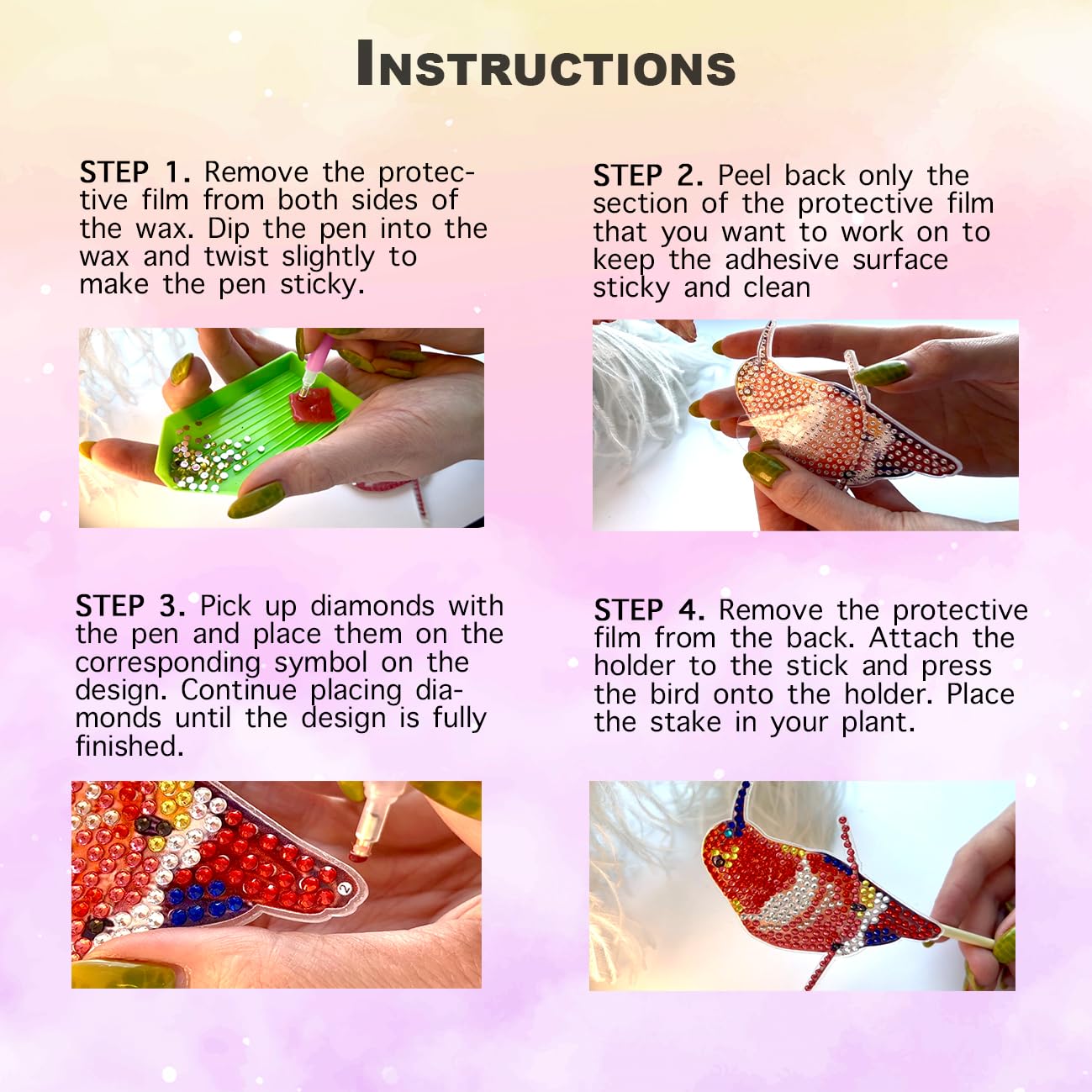 BEAUTYMEHNDI STORE 10 Pack Diamond Art Bird Plant Stakes – DIY Hummingbird Mini Diamond Painting Kit for Adults, Garden Decor for Potted Plants, Gift for Plant Lovers