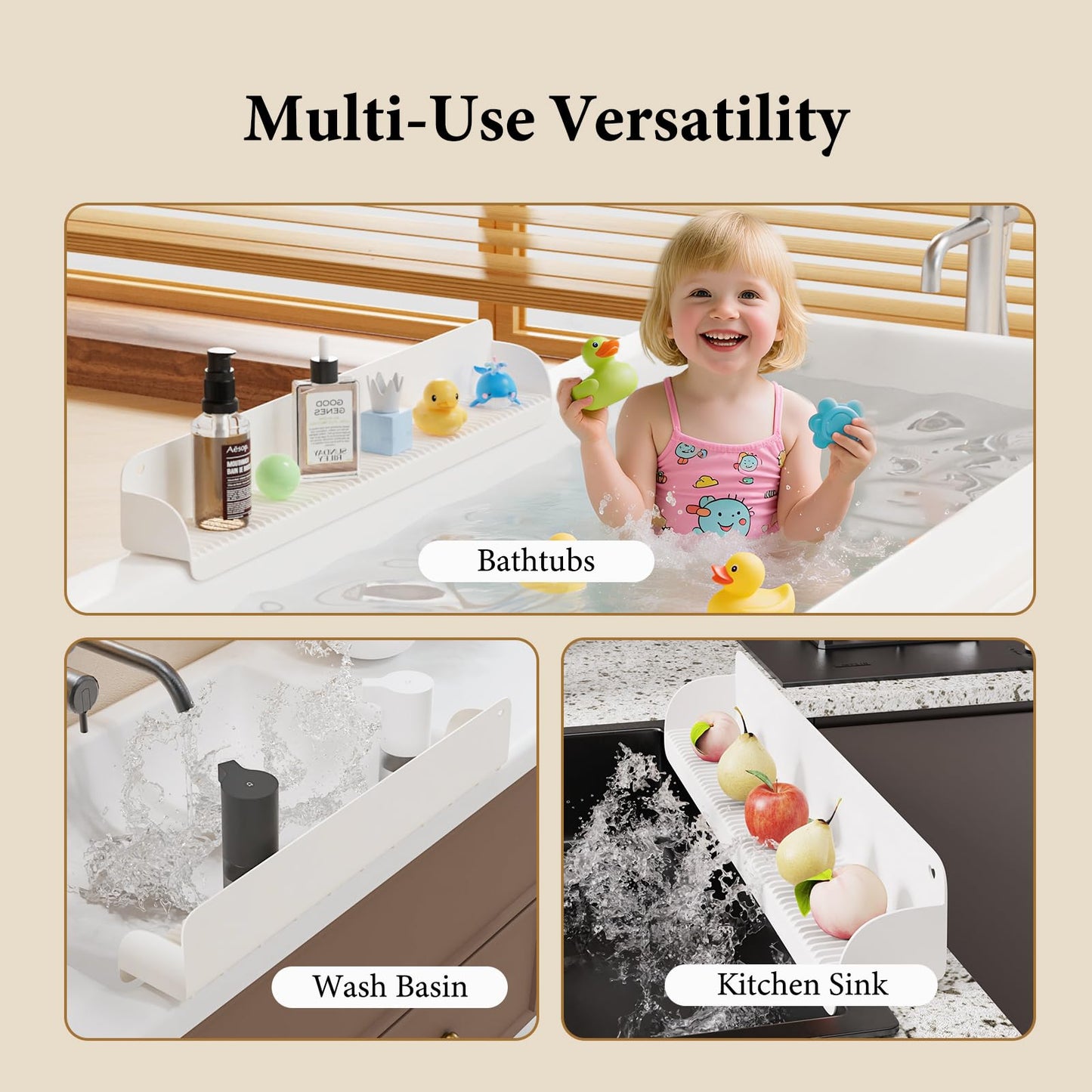 Bathtub Splash Guard, Silicone Toy Tray Holder Storage with 10 Strong Suction Cups, Bathtub Accessories Prevent Water Spill, Countertop Protectors for Tub, Bathroom Sink, Kitchen Sink 1 Pcs Gray White
