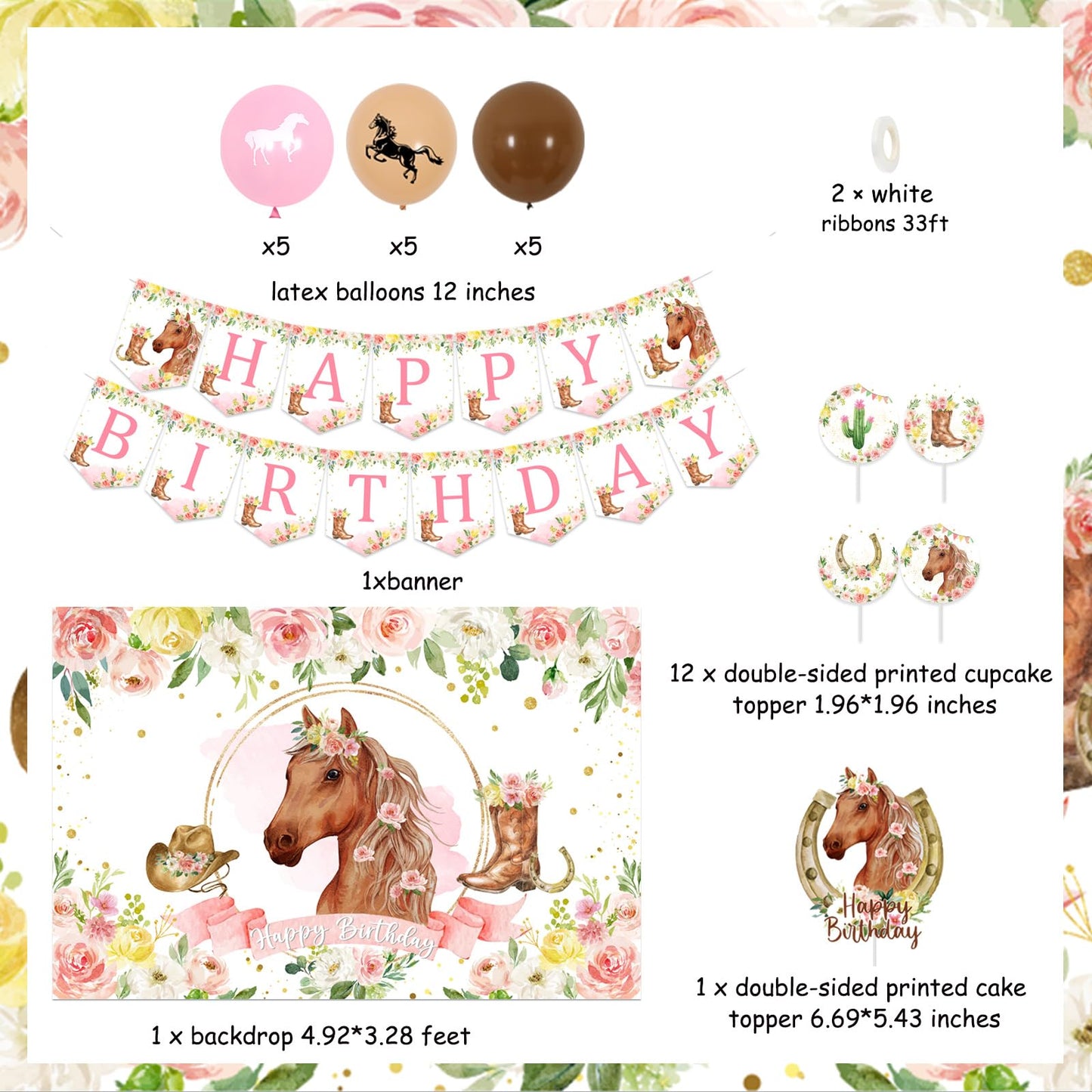 Fangleland Horse Birthday Party Decorations Kit for Girls - Themes Banner & Photo Backdrop, Cake Cupcake toppers, Racing Balloons, Western Cowgirl Happy Supplies