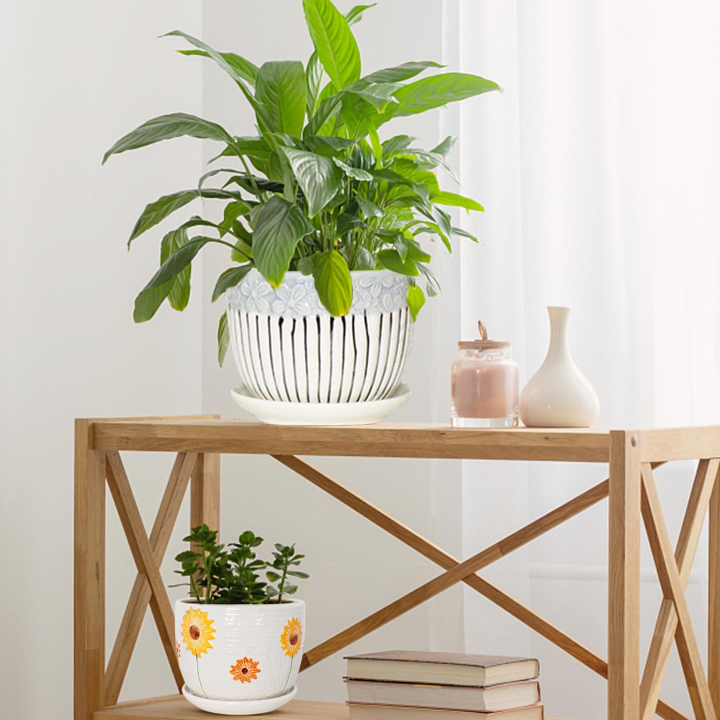 Hlukana Ceramic Plant Pots Set of 3, 6.75/5.6/4.2 inch Planters with Drainage Holes and Saucer, Flower Pot Outdoor Indoor, Modern Decorative Planters for House Plants Garden Planters Succulent Pots