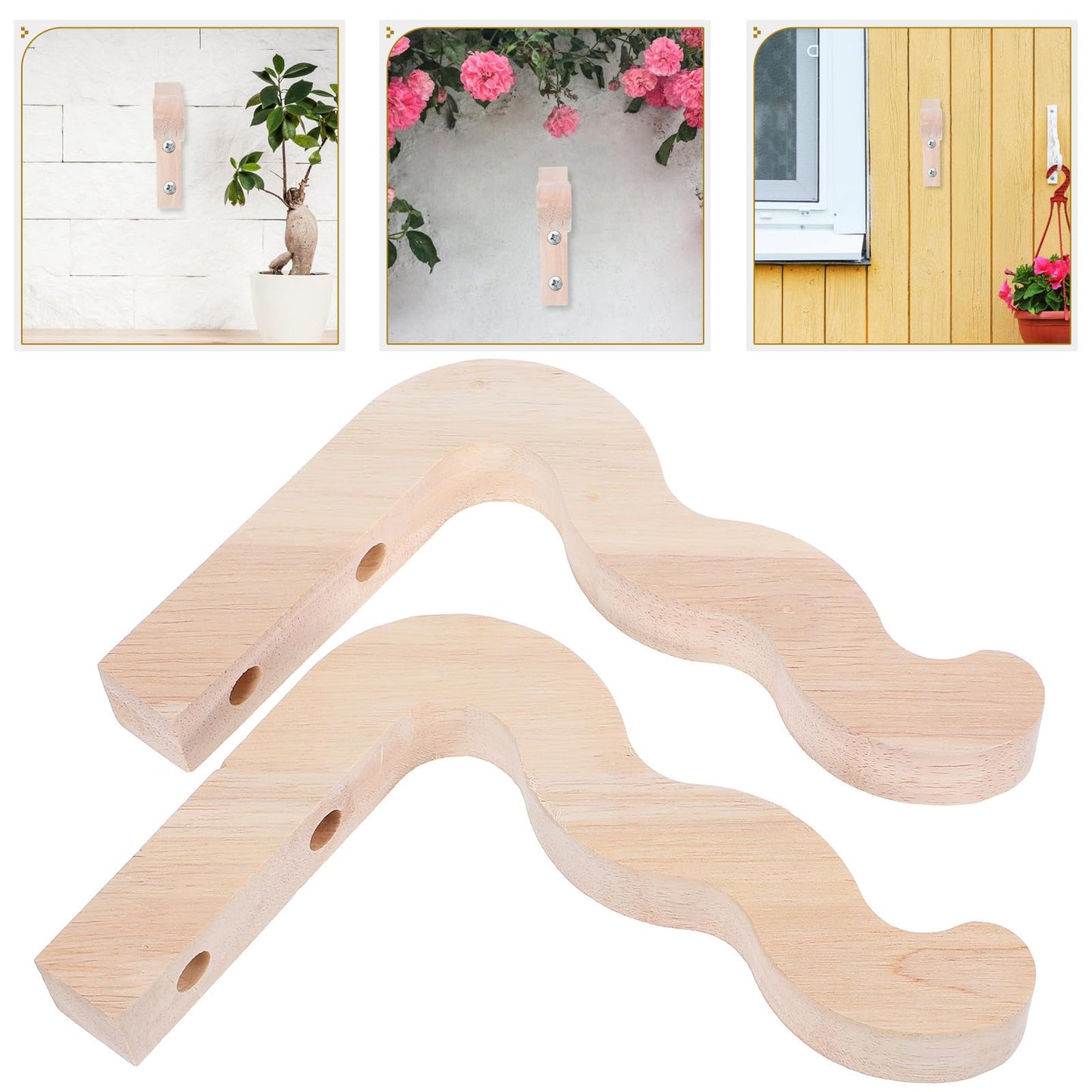 HIAKDOFT 2pcs Wood Flower Hook Plant Hangers Wall-Mounted Hanging Brackets for Lanterns Wind Chimes and Flowerpots Outdoor Indoor Garden Patio Decor