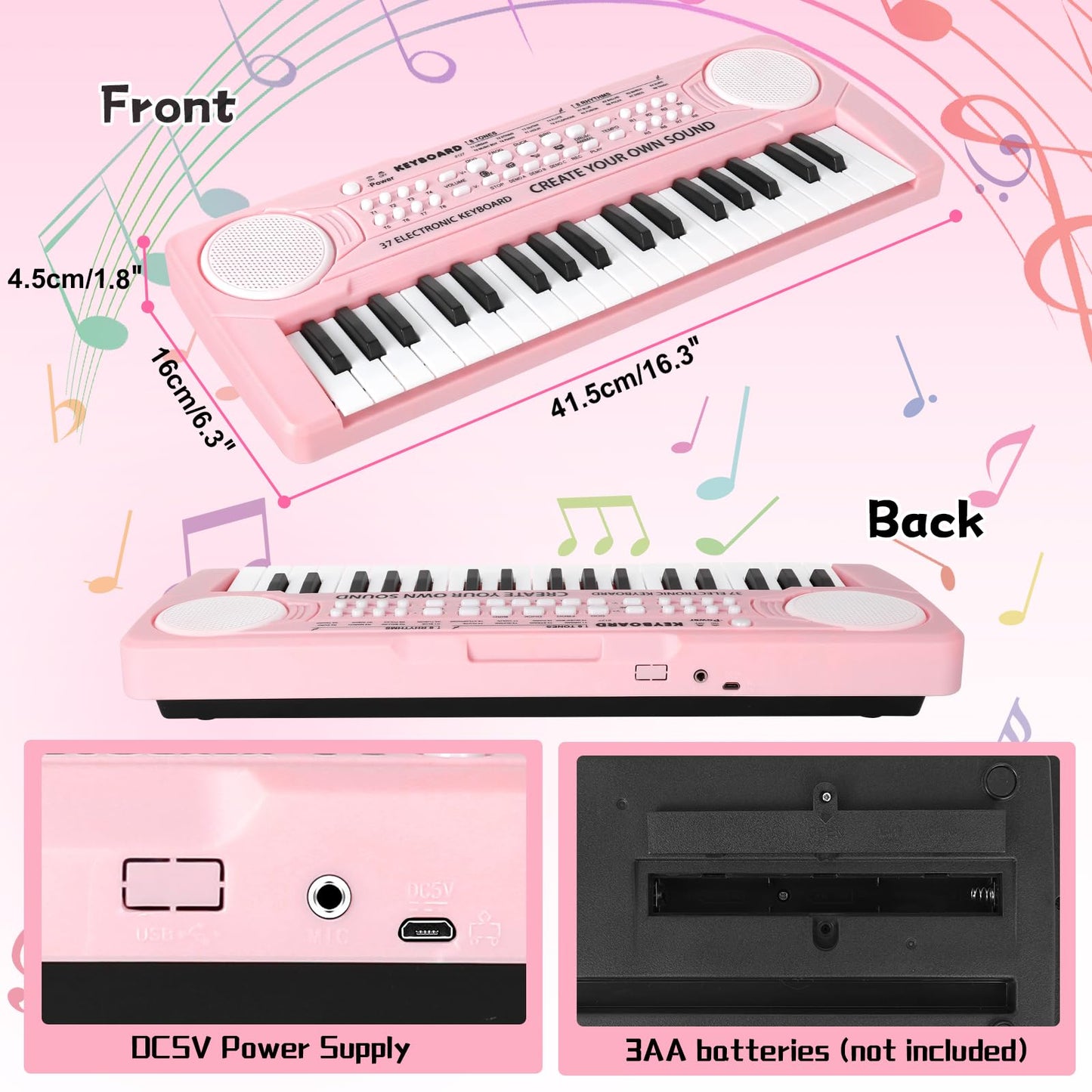 Kids Toddler Toy Piano Keyboard - 37 Key Pianos for Kid Music Toys Instruments with Microphone | Unlock Musical Fun! Perfect Birthday for 3-8 Year Old (Pink)