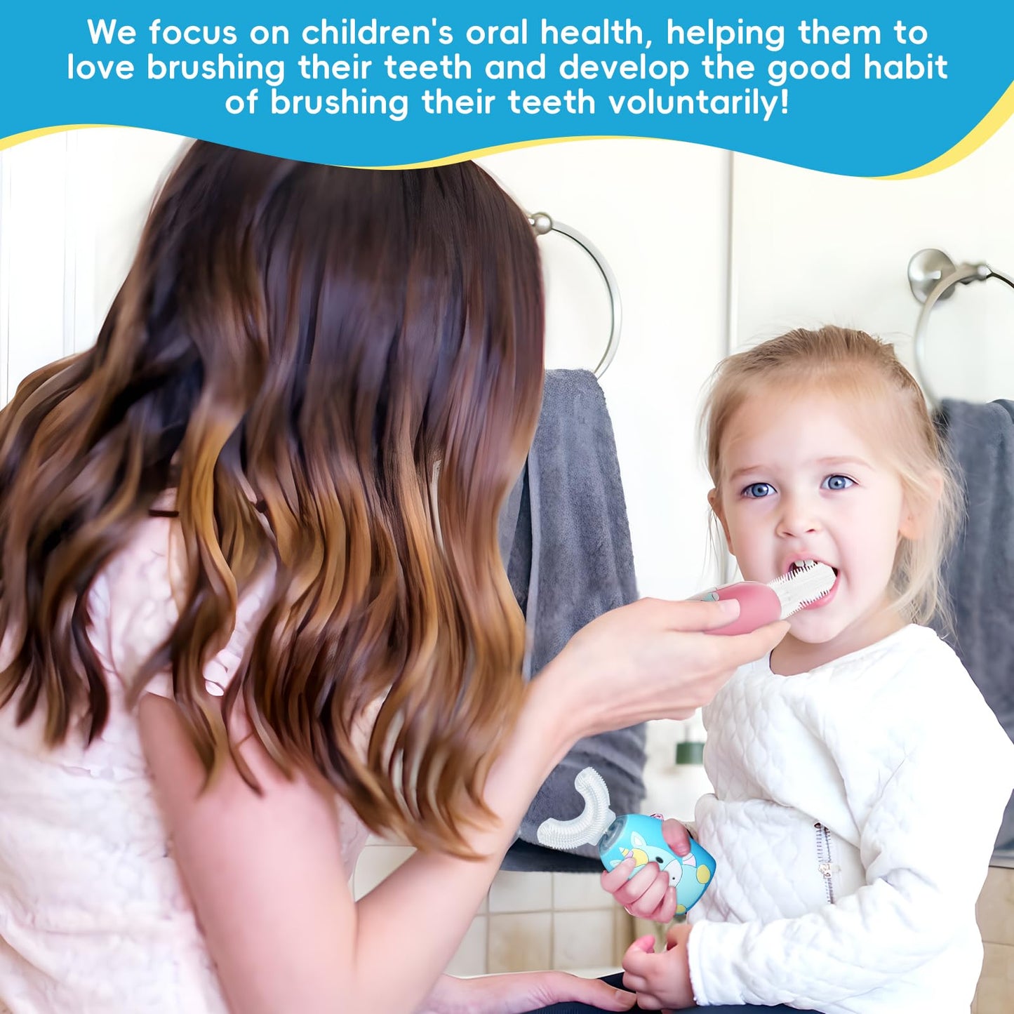 LHhuizou Kids U Shaped Electric Toothbrush 4 Brush Heads, Automatic Sonic Toothbrush Kids 2 Modes, Cartoon Design 360-Degree Cleaning IPX7 Waterproof