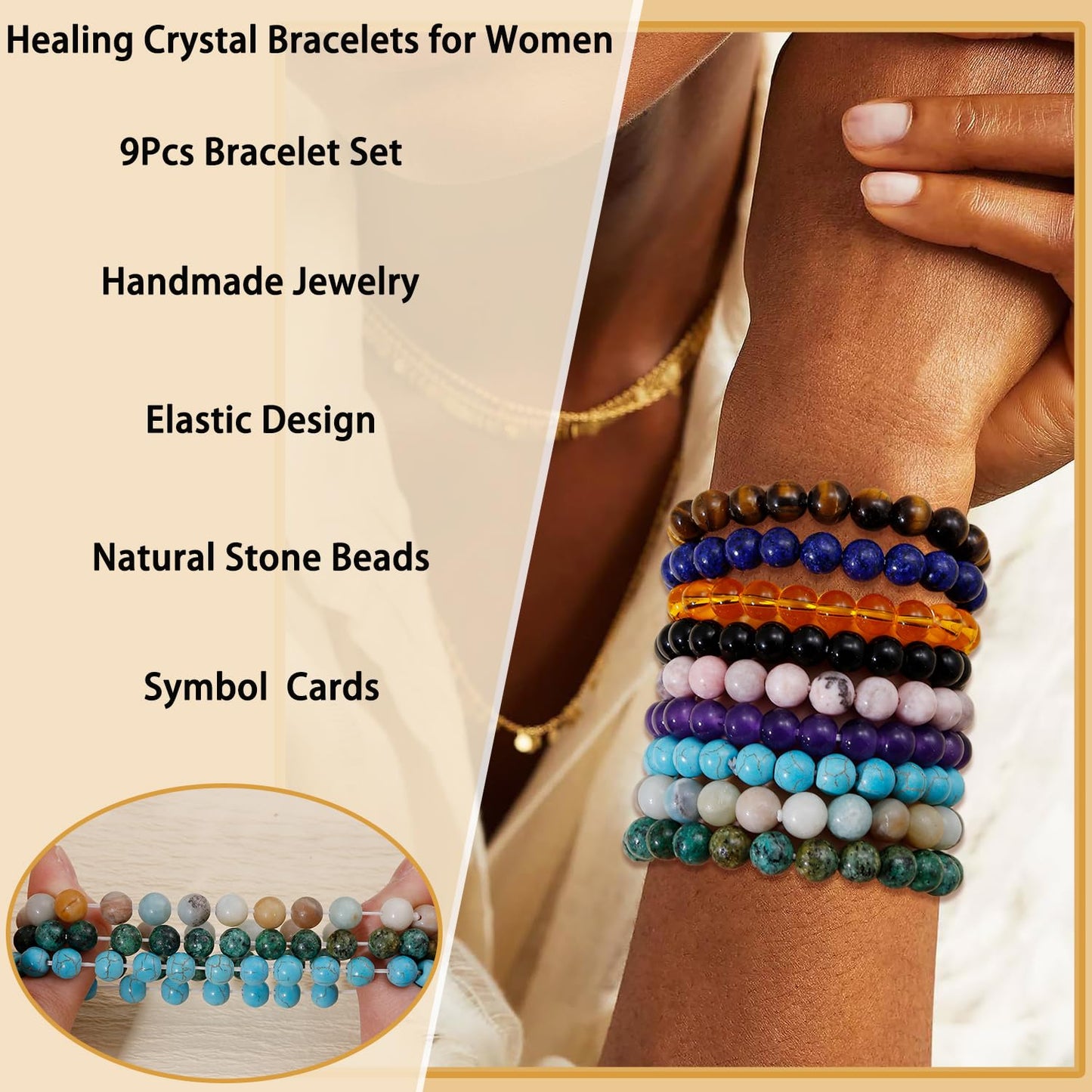 COLOYAN 9PCS Healing Crystal Bracelets for Women Men 8mm Natural Stone Beaded Stretch Bracelet Handmade Reiki Spiritual Jewelry