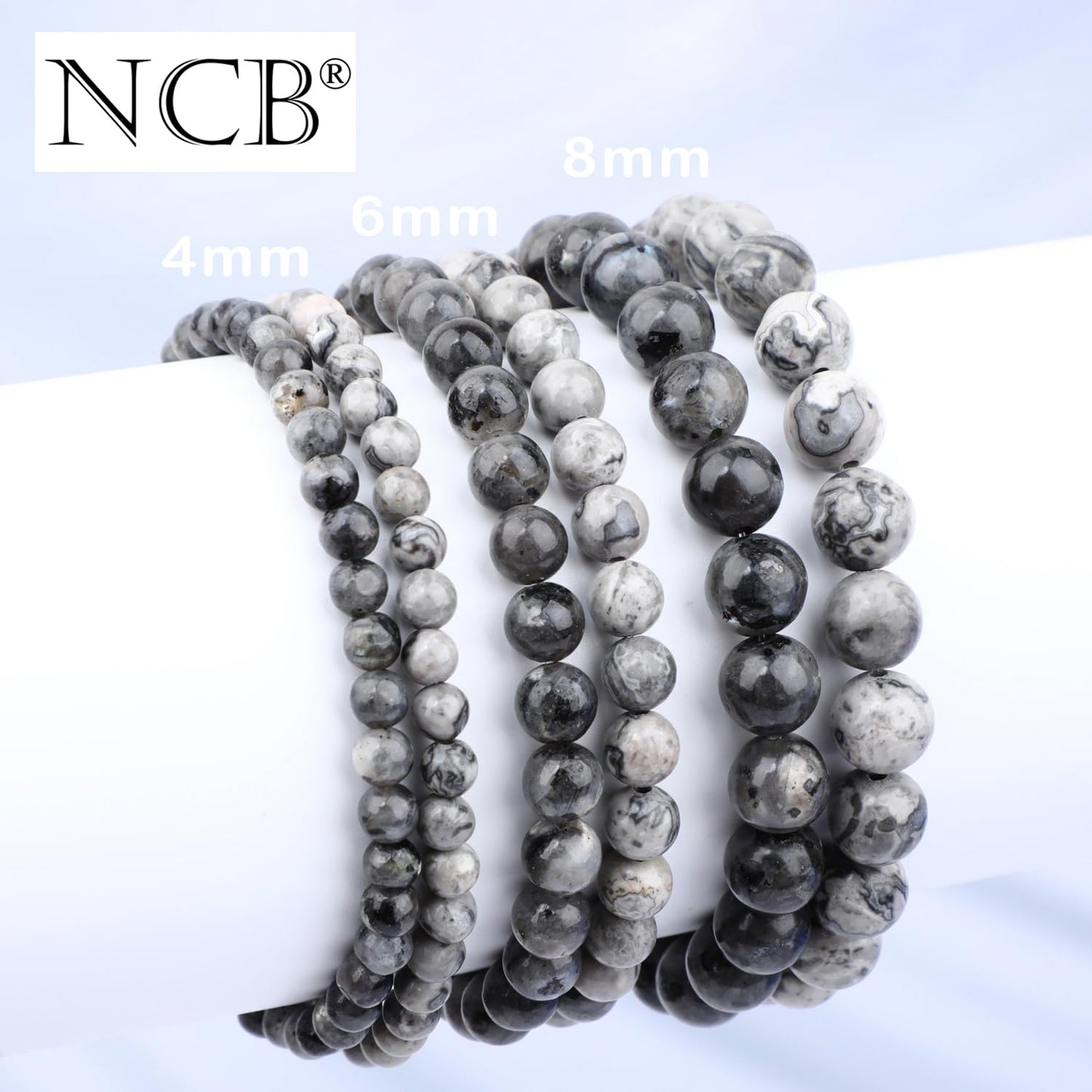 NCB 2-Piece 4mm Natural Crystal Gemstone Stretch Bracelets – Black Larvikite, Map Jasper Handmade Reiki Energy Healing Jewelry for Meditation,Yoga, Unisex
