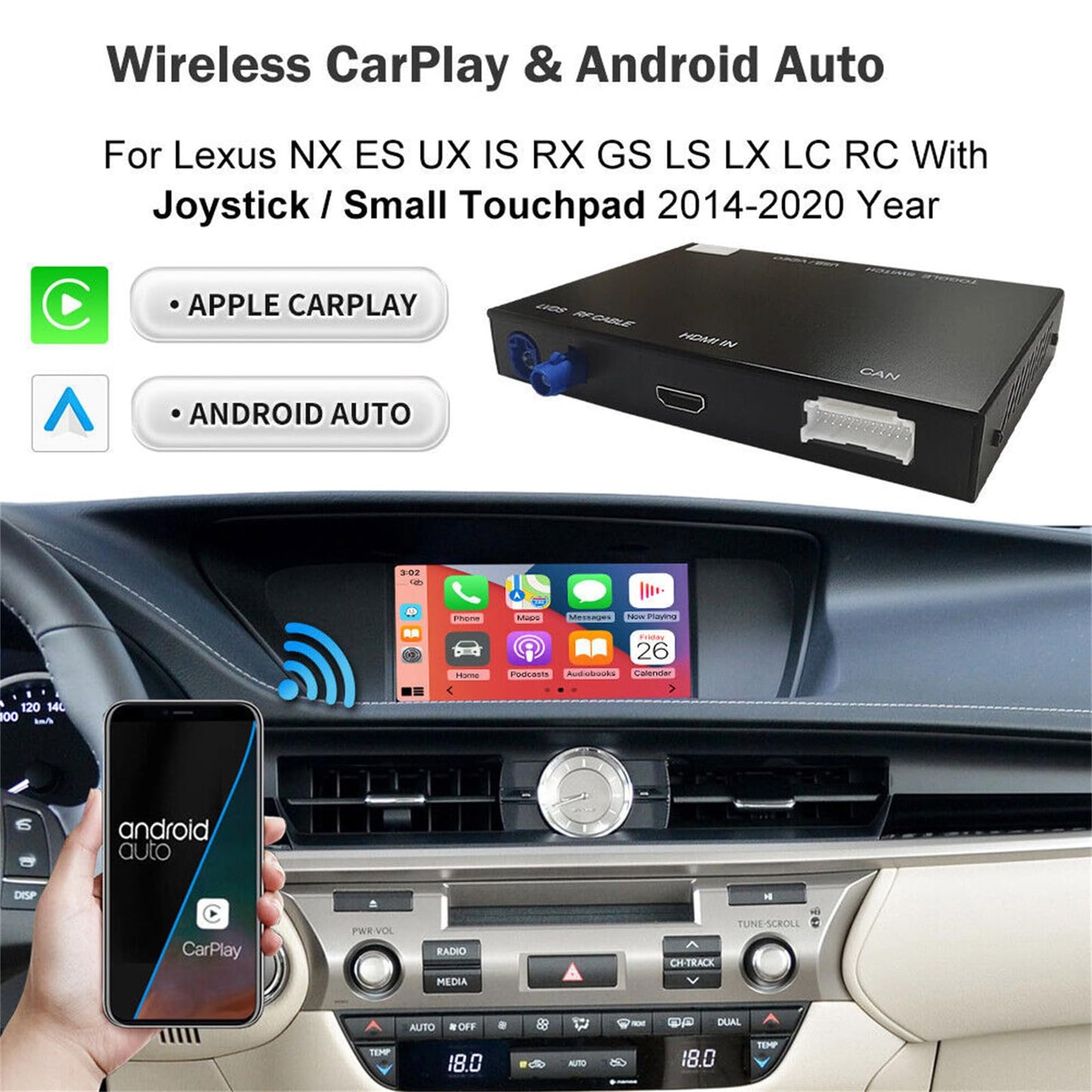 Wireless CarPlay Retrofit Kit Decoder for Lexus NX/ES/UX/CT/RX 2014-2020 Retains Factory Controls Support Android Auto, Mirror Link, Backup Camera, YouTube, Original Car Function