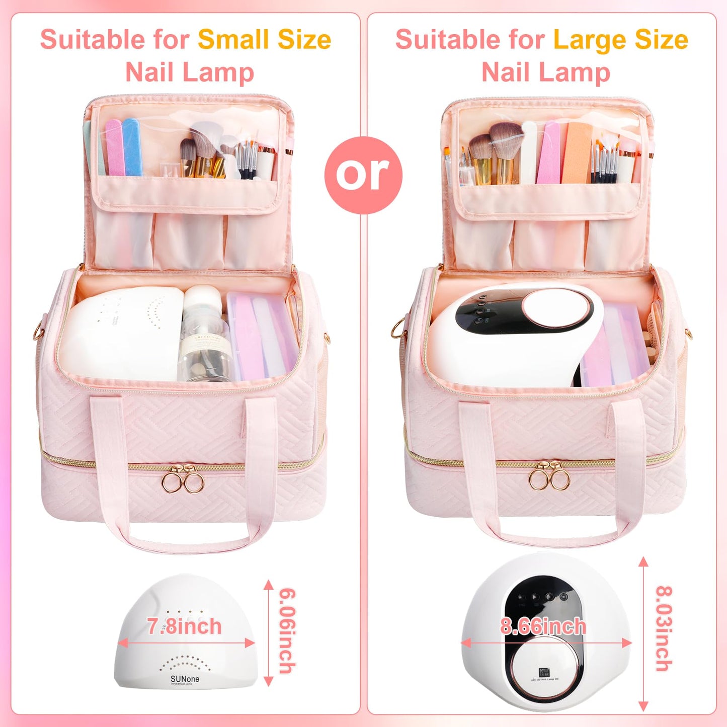 Veirdro Nail Polish Organizer Bag Holds 80 Bottles (15ml/0.5fl.oz)& Nail Lamp, Soft Velvet Nail Kit Storage Carrying Case with Shoulder Strap, Double Layer Nail Supplies Organizer Handbag Women (Pink)
