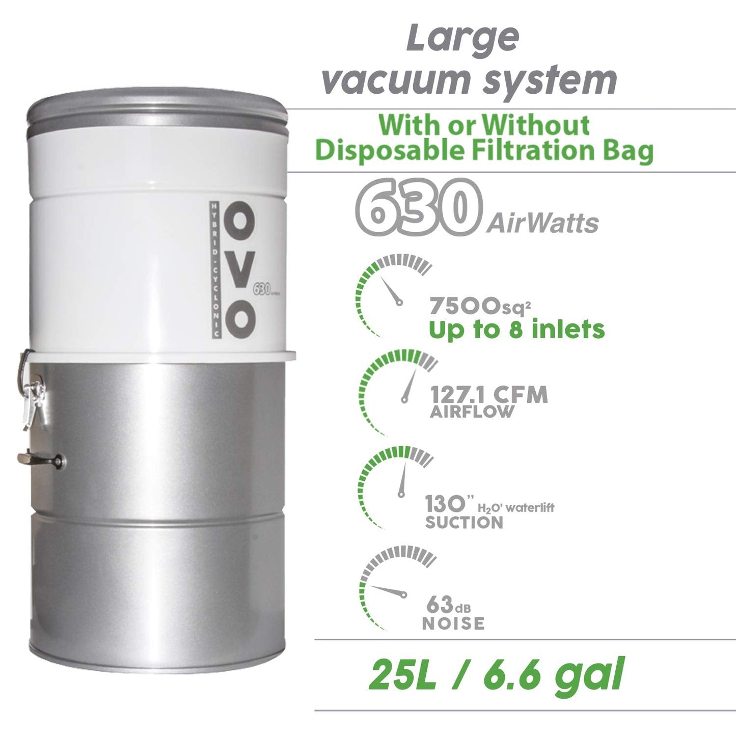 OVO Large and Powerful Central Vacuum System, 630 Airwatts Hybrid Filtration (with or Without Disposable Bags), Covers up to 7500 sq.ft, 6,6 Gal / 25L Bottom Load Rolled Steel Canister