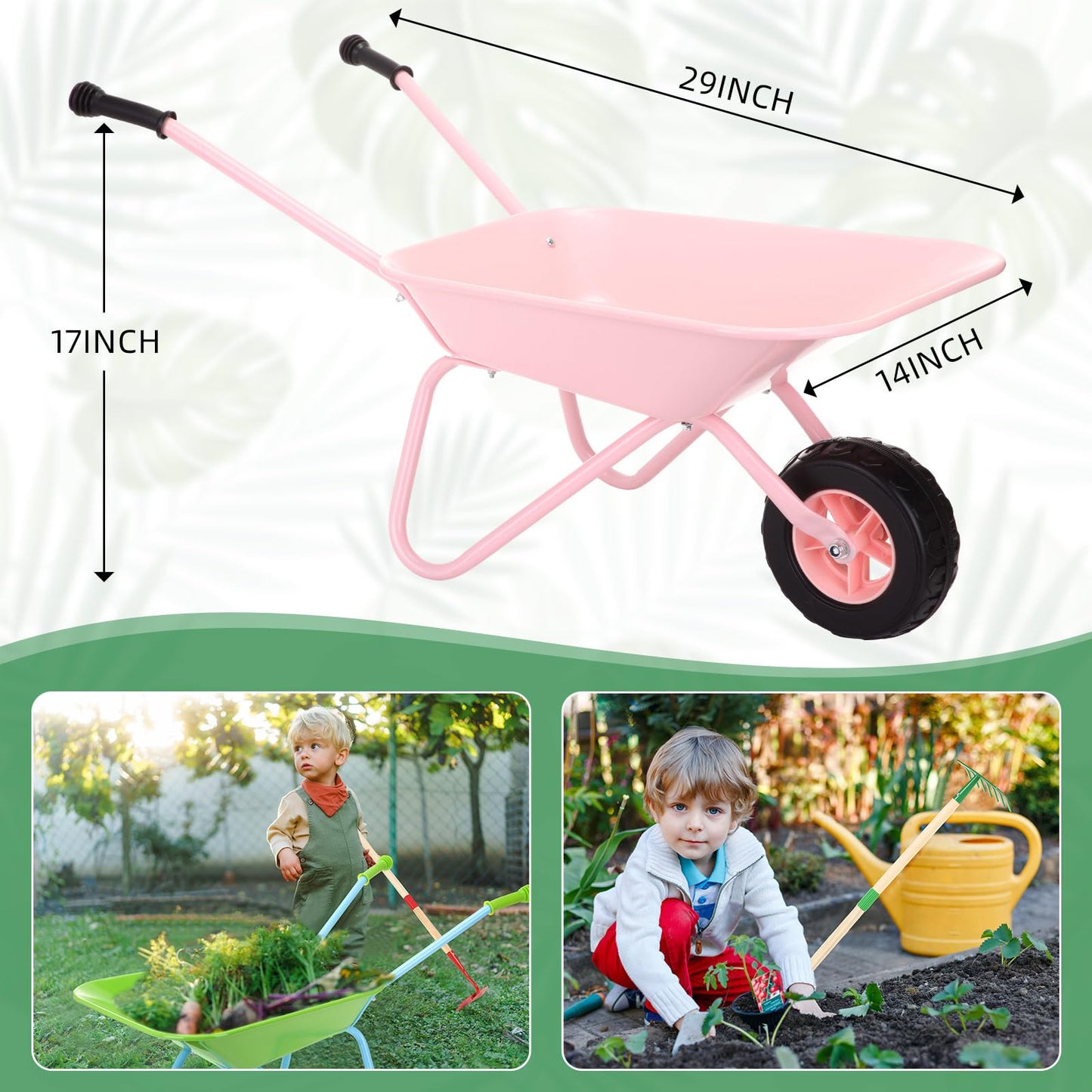 DaisyInner 5 Pcs Kids Gardening Tool Set Include Kids Wheelbarrow Metal Small Toddler Wheelbarrow Wagon with 4 Piece Kids Shovel, Rake, Hoe, Leaf Rake Wooden Gardening Tools for Boys and Girls (Pink)