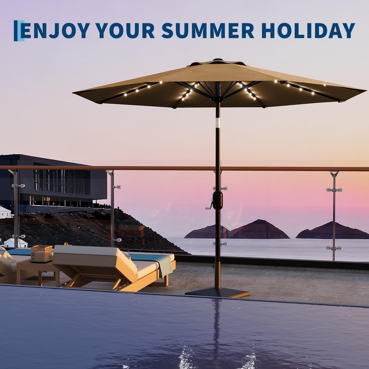 Garvee 10 FT Patio Umbrella with Solar Lights, Outdoor Table Umbrella with 8 Durable Ribs, Tilt & Crank Mechanism, Waterproof & UV Protection for Garden, Backyard, Poolside, Tan