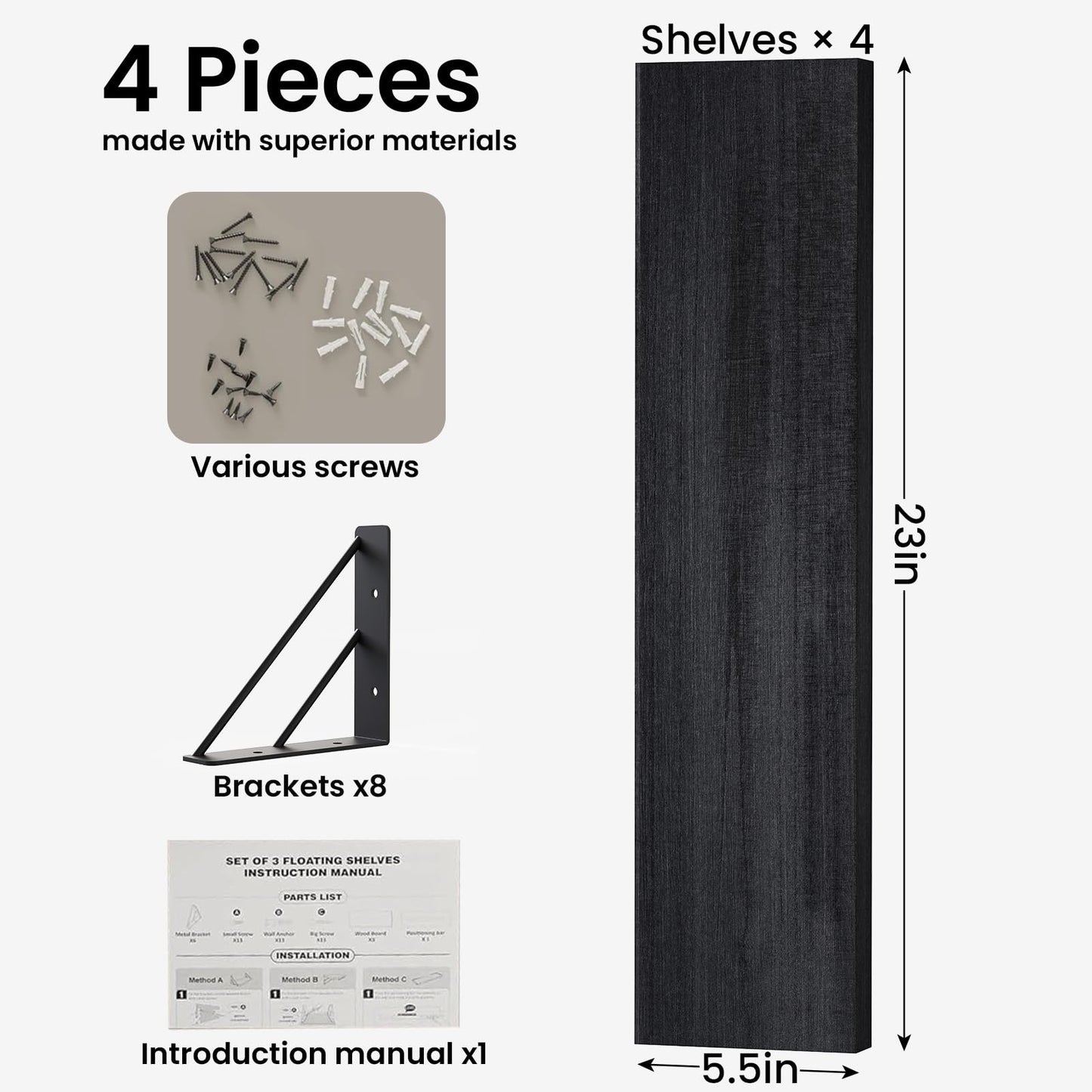 BAYKA Wall Mounted Floating Shelves, Wood Floating Wall Shelf for Books & Decor, Small Space-Saving Display & Organizer(Black,23in,Set of 4)