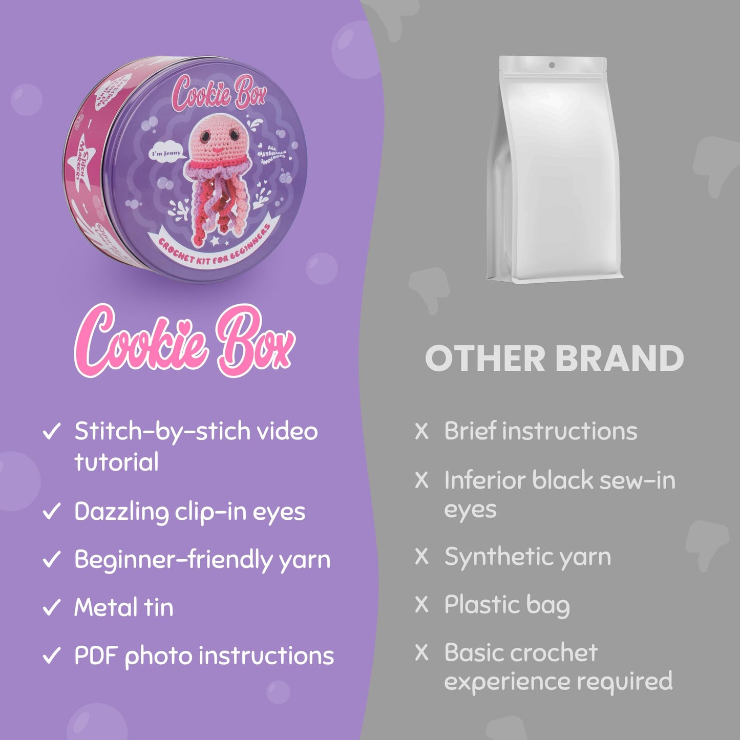 Cookie Box Original Crochet Kit for Beginners β Gift Set to Make Jellyfish Jenny Amigurumi Plushie β Easy DIY Crochet & Knitting Starter Kit with Video and PDF Tutorials