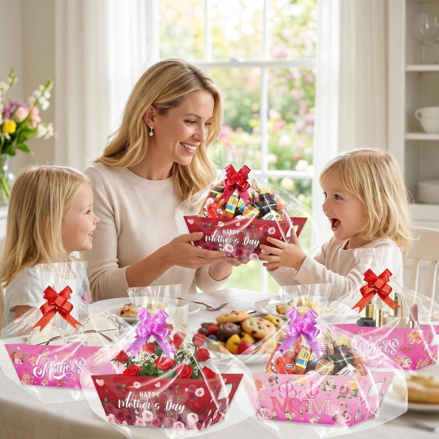 CMSSHUAI 12 Pcs Mothers Day Gift Baskets Empty to Fill Kit DIY Basket for Gifts Empty Bulk 12 Tray Favor 12 Clear Basket Bags 12 Bows for Mom Birthday Party