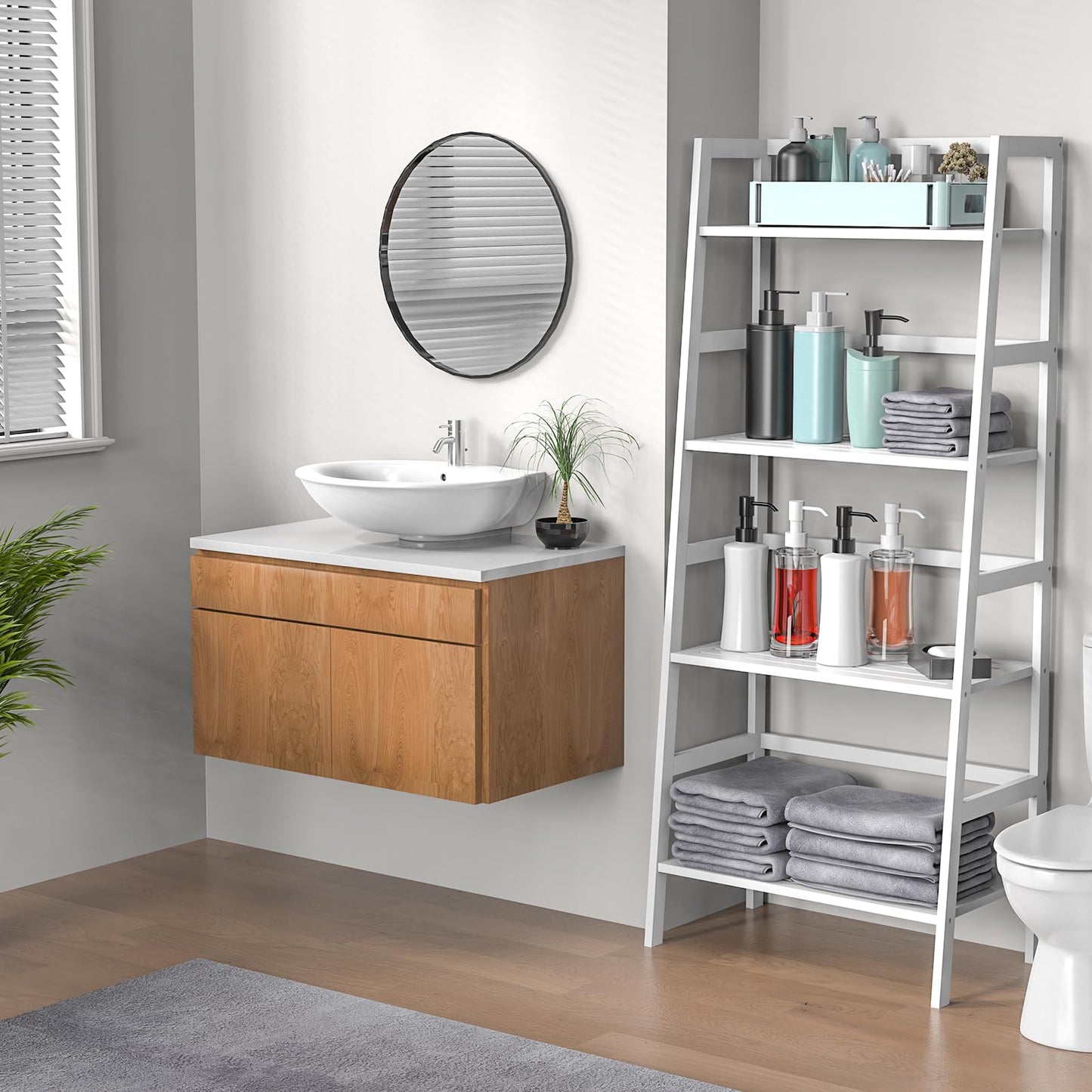 Thalomely Bamboo White Bookshelf, 4-Tier Ladder Shelf Freestanding Space Saver Open Bookcase Book Shelf, Bamboo Storage Shelving Unit Flower Plant Stand for Living Room, Bathroom, Home Office