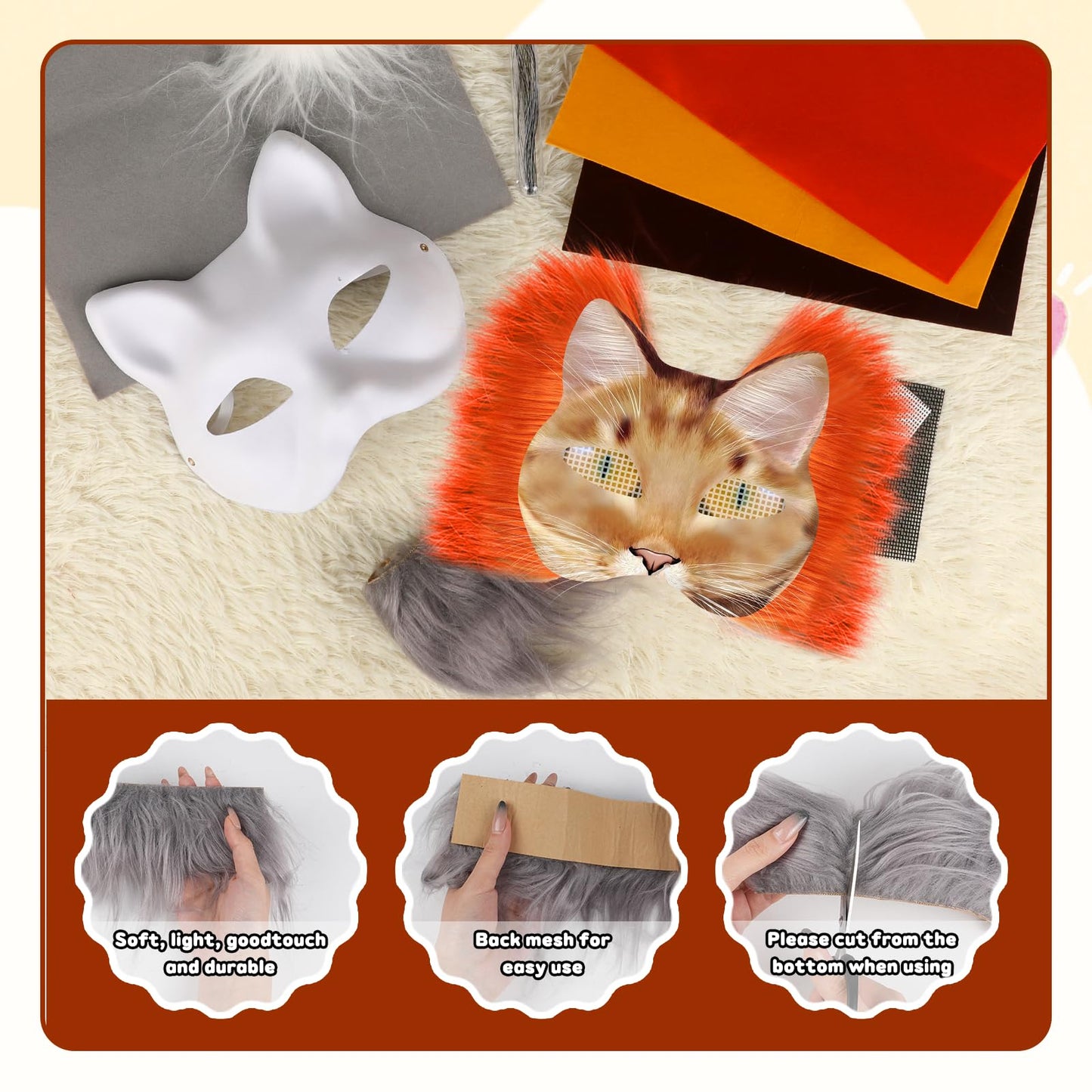Cat Mask with Eye Mesh Fur Beard and Felt Fabric Sheet,98 PCS DIY Animal Mask Kit Cat Masks to Paint Blank Animal Dress Up Masks,DIY Face Mask Costume for Masquerade,Halloween Party,Cosplay