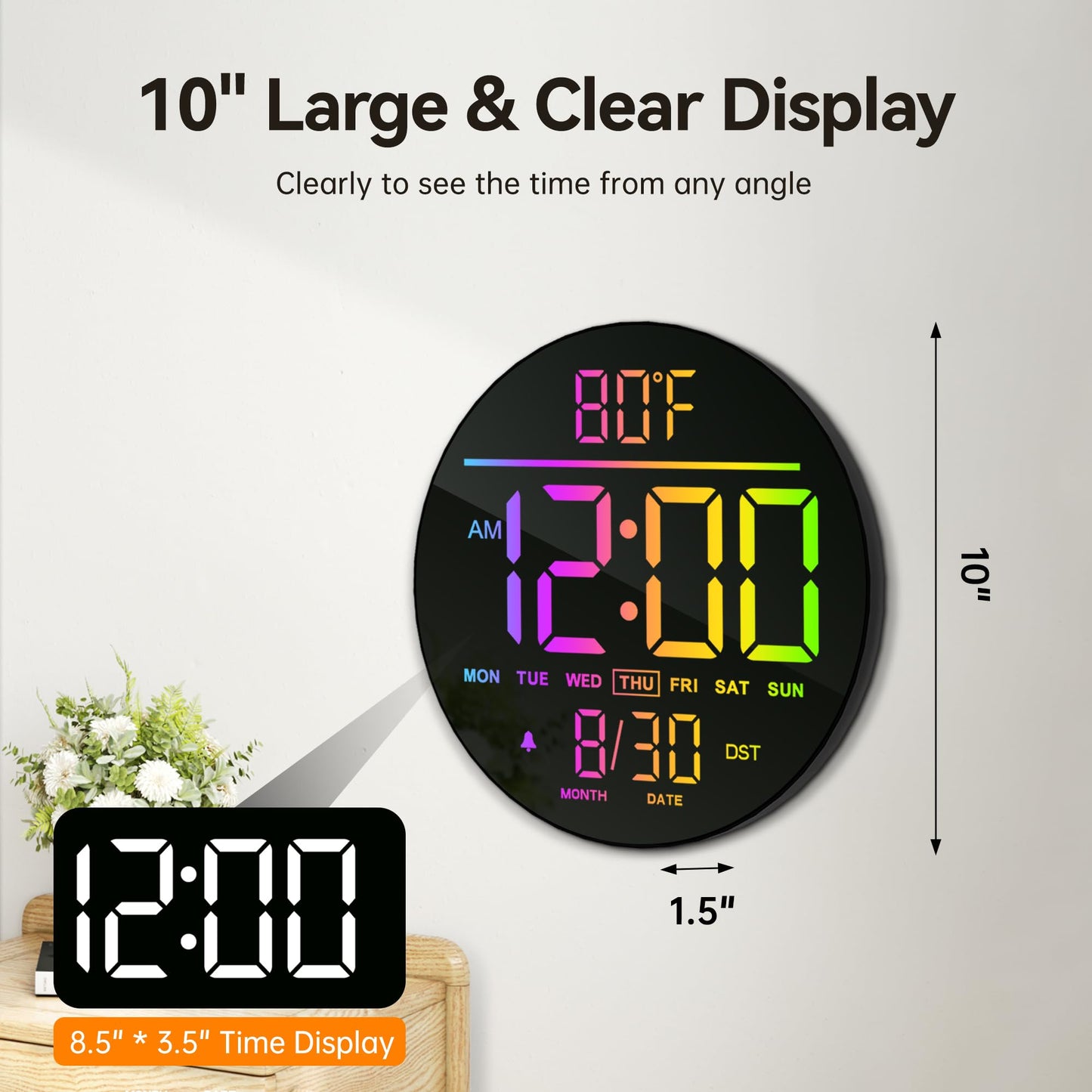 JALL 10" Large Digital Wall Clock with Seconds, Alarm Countdown Timer, Big LED Display, RGB Color, DST, Temperature, Mounted for Bedroom Living Room Office Classroom Gym, Xmas Birthday Gift, Blue