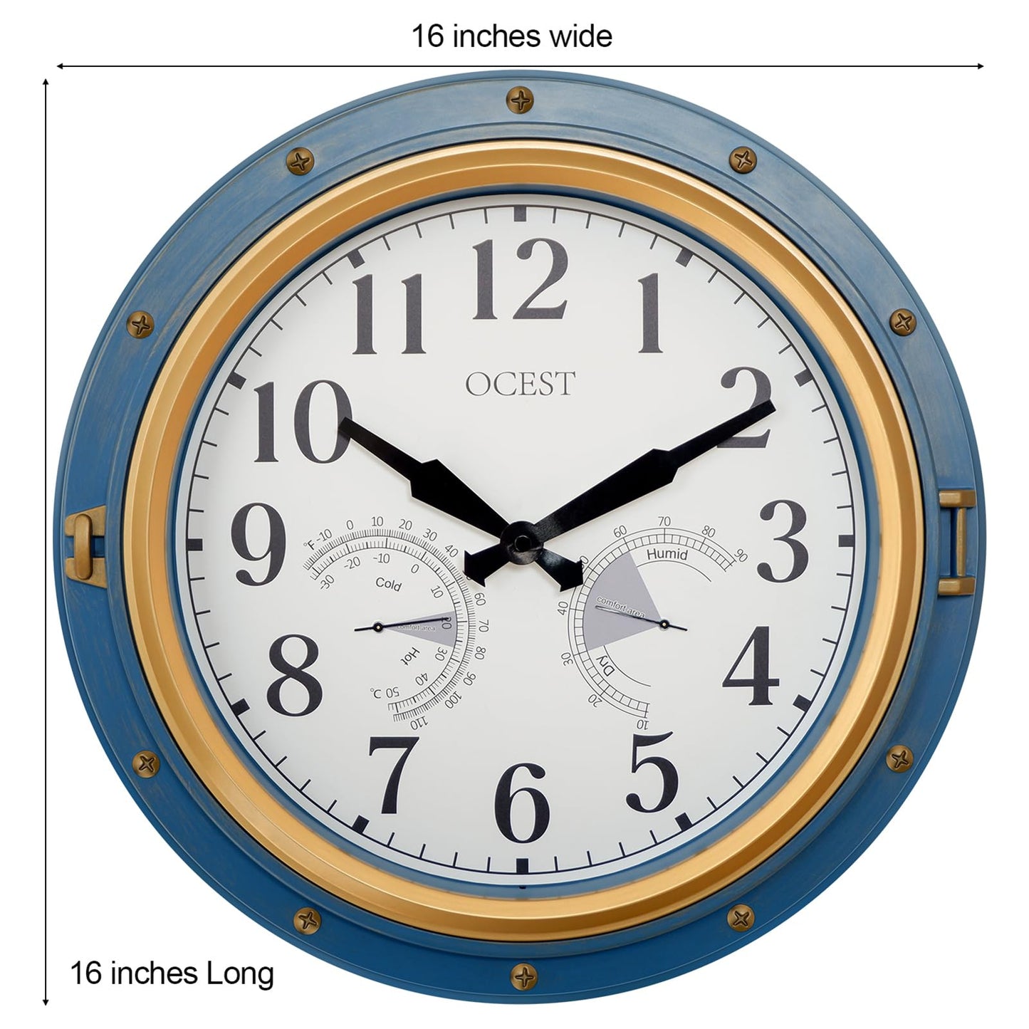 OCEST 16 Inch Indoor Outdoor Clock, Waterproof Wall Clock with Thermometer Hygrometer, Silent Non-Ticking Battery Operated Decor for Home Decor, Patio(Blue)