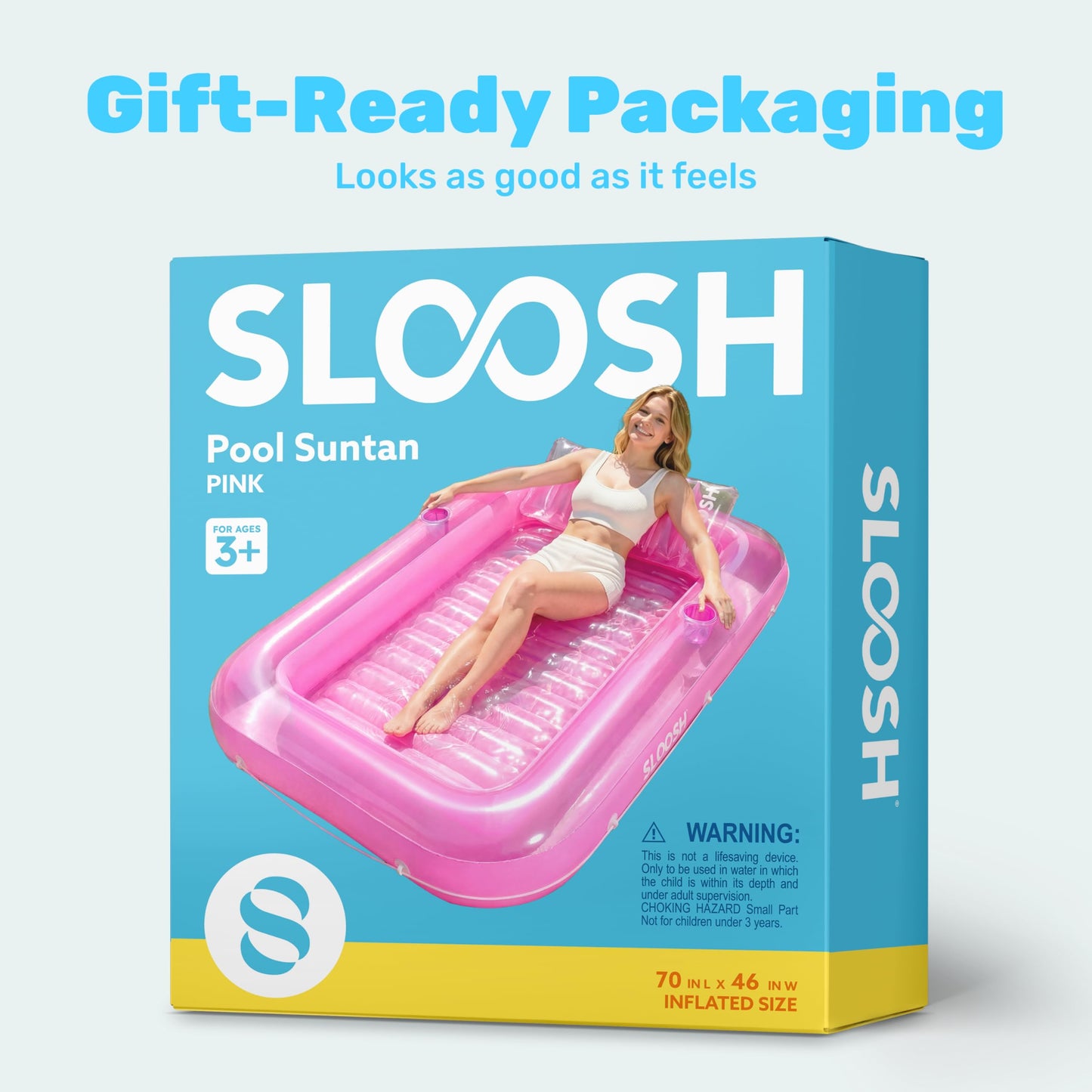 SLOOSH Inflatable Tanning Pool Lounger Float, 70" x 46" Pool Floats Adult with Pillow, 4 in 1 Suntan Tub Raft Floatie,Sunbathing Bed Lounge for Water Blow Up Kids Ball Pit Party Gifts, L-Pink