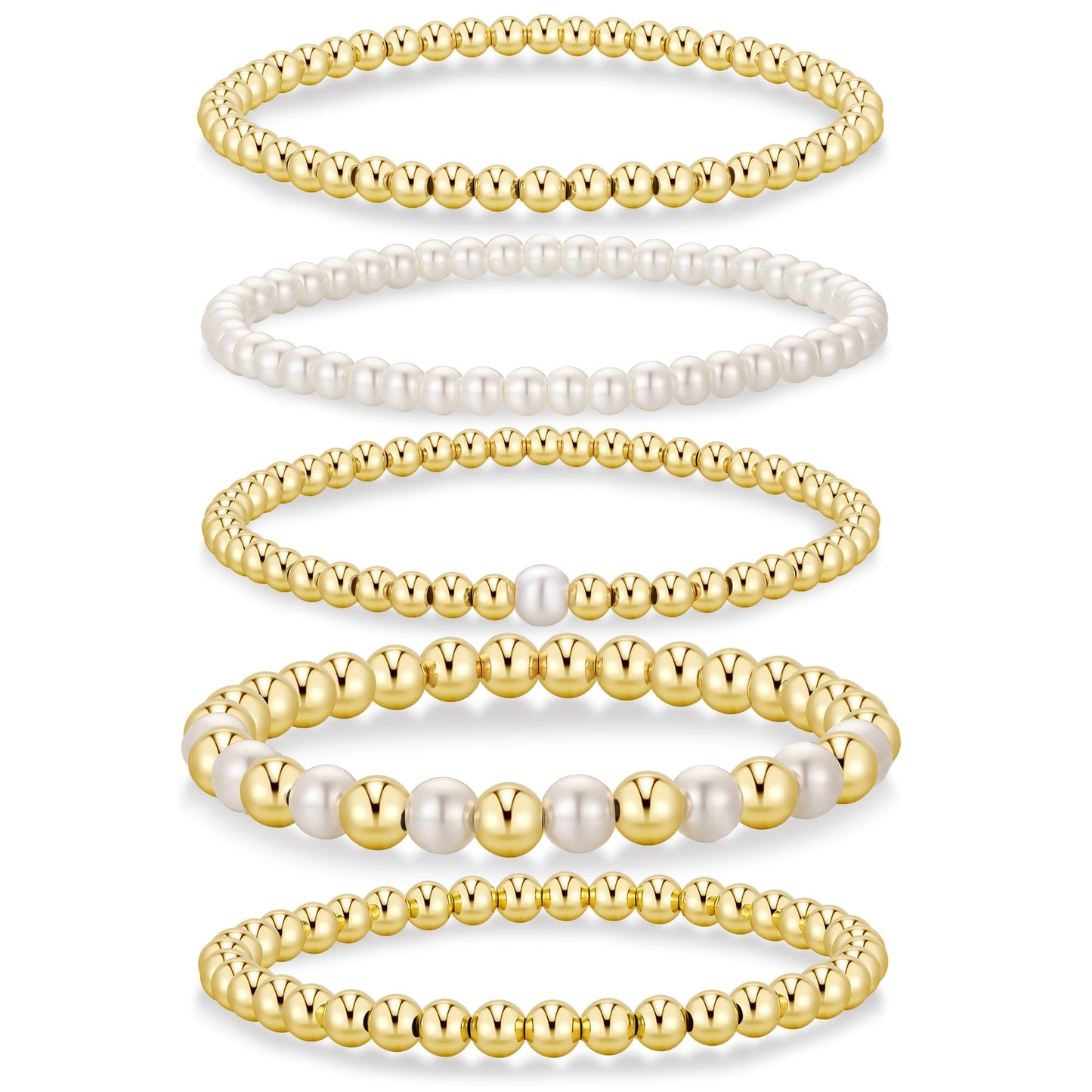 SHINUS BOHO Dainty Gold Beaded Pearl Bracelet Stack for Women,14K Gold Plated Stretch Stackable Braceles Set,Elastic Waterproof Non Tarnish Layered Bracelet for Everyday Wear,Fashion Minimalism Summer Accessories Jewelry Gifts