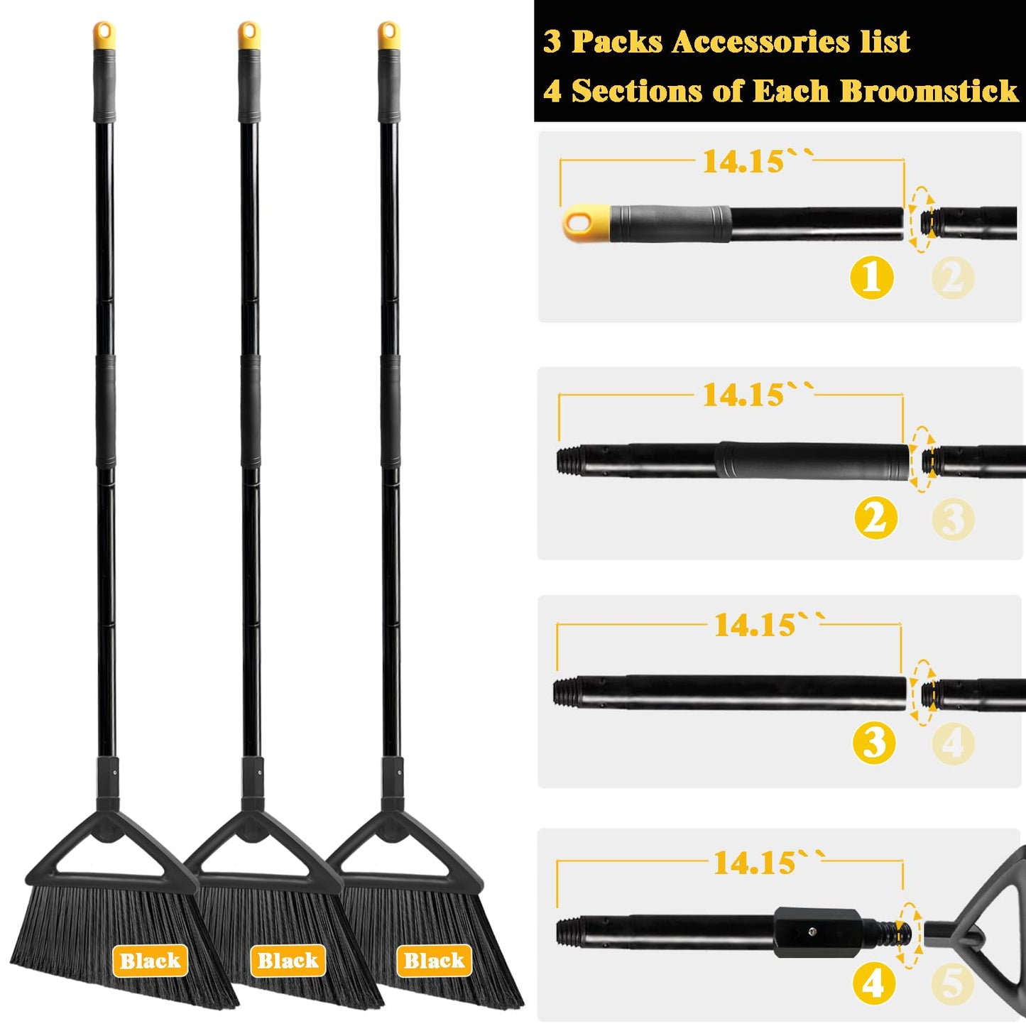 PUTNATRUE Heavy Duty Commercial Broom, 3 Pack Upgraded Angle Brooms for Sweeping Outdoor and Indoor, Perfect Black Brooms of House, Kitchen, Garage, Courtyard, Concrete