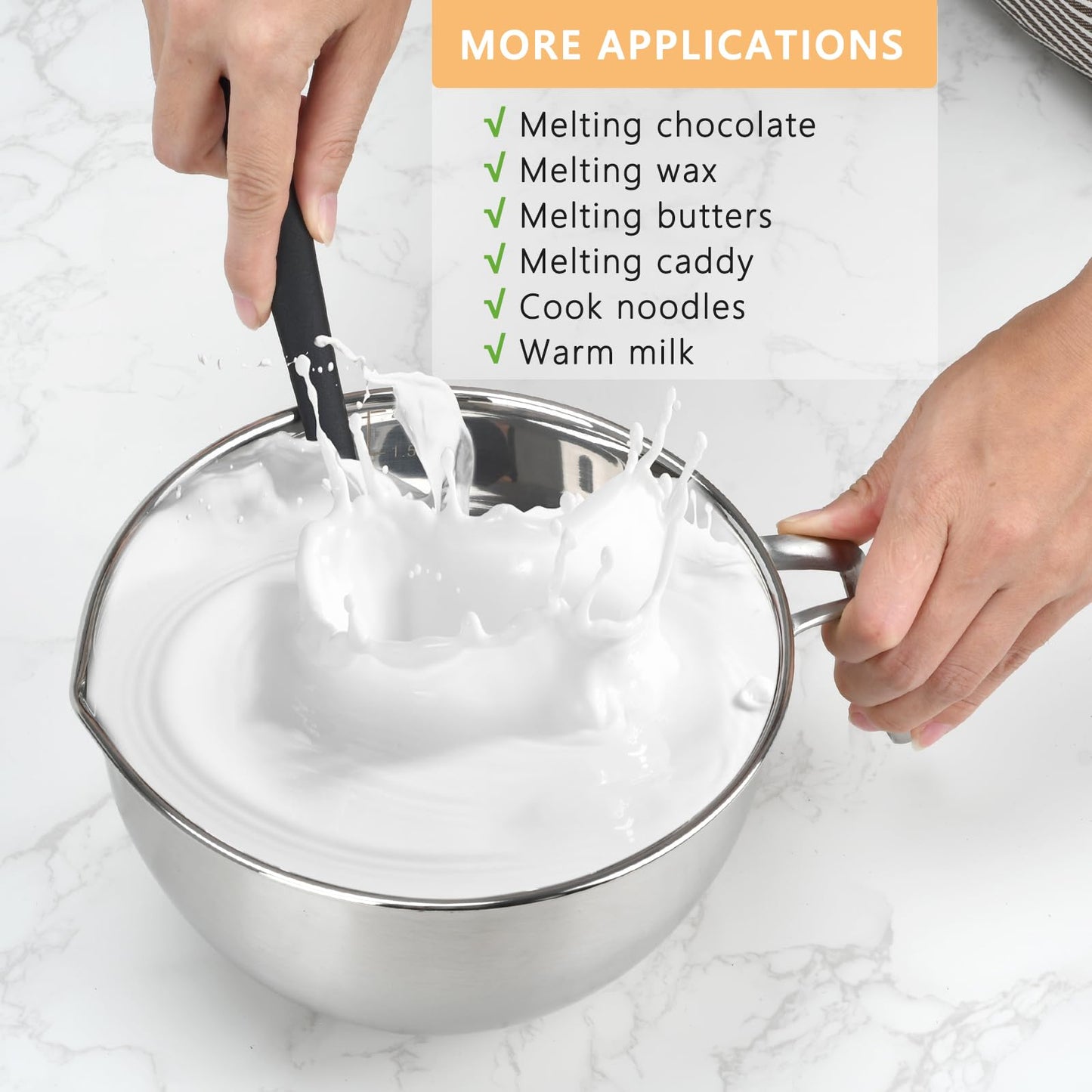 3PCS Double Boiler Pot Set, 1250ML/1.1QT Mixing Bowl with Scale 2200ML/ 2QT Stainless Steel Heating Pot with Silicone Spatula for Cheese Chocolate Candy Candle Soap Wax Melting (1250ml+2200ml)