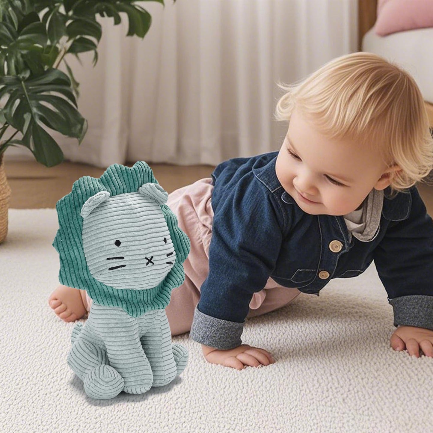 SILI FACTORY Lion Plush Corduroy (Green) 11" Stuffed Animal for Baby, Toddler, Kids, Adults - Lion Corduroy Toy-Adorable Toy Made from Kid-Friendly, Quality Material