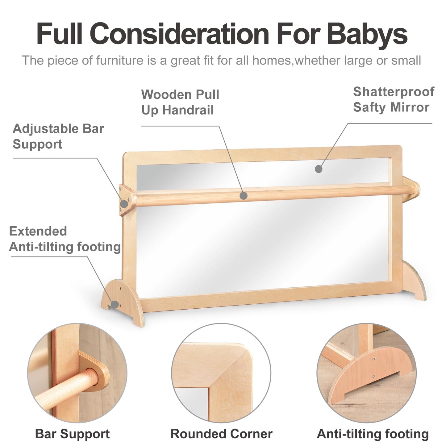 KRAND 3-Position Montessori Shatterproof Safety Baby Mirror w/Pull Up Handrail, Infant Coordination Mirror Set, Kid's Classroom Furniture for Nursery, Daycare, Homeschool or Preschool (Natural Pura)