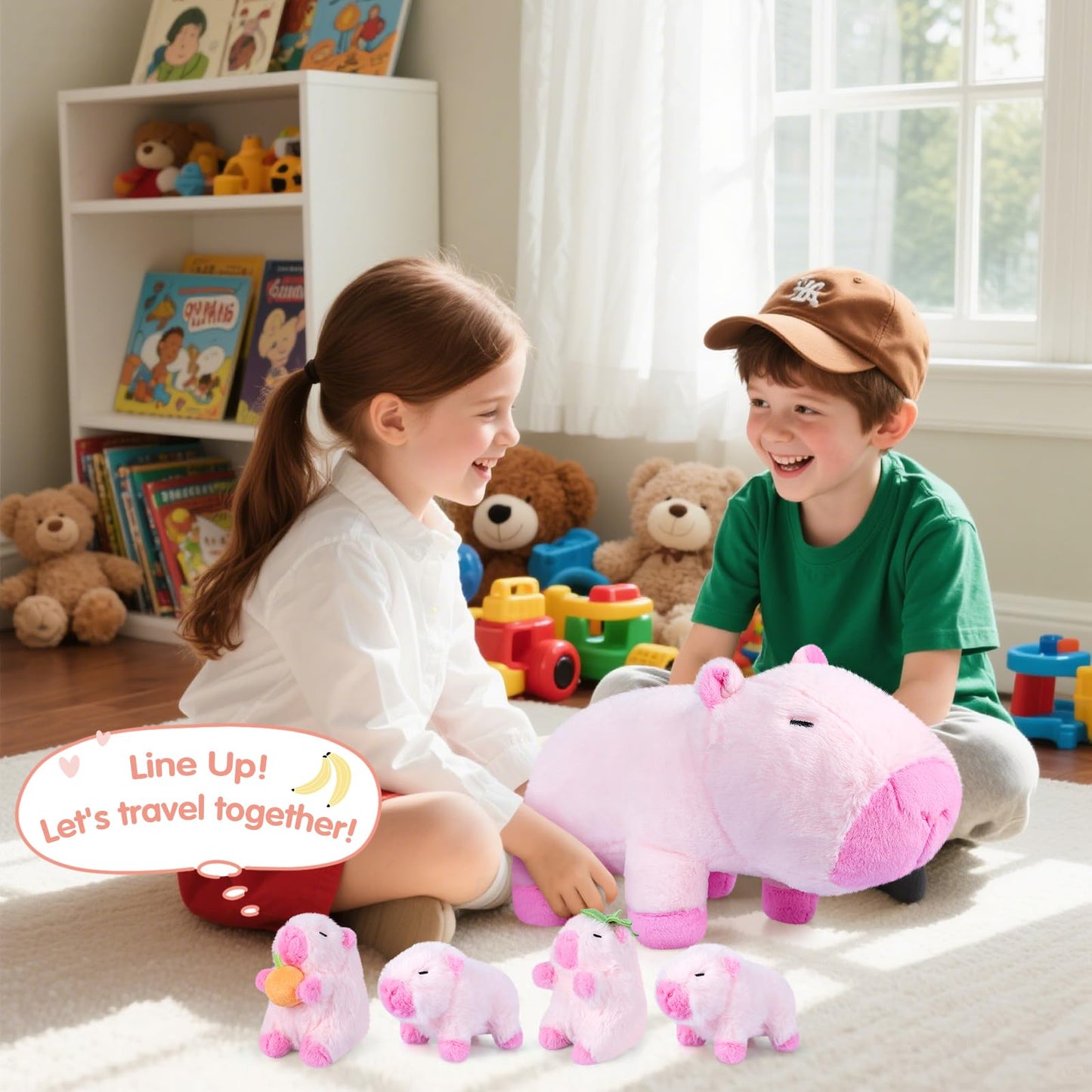 SuzziPals 5-in-1 Pink Capybara Plush with Babies Inside, 5Pcs Set Capybara Stuffed Animal with Mommy & 4 Babies, Cute Plush Pillow Decor, Cute 3 to 8 Year Old Girl Gift, Imaginative Toy (Capibara)