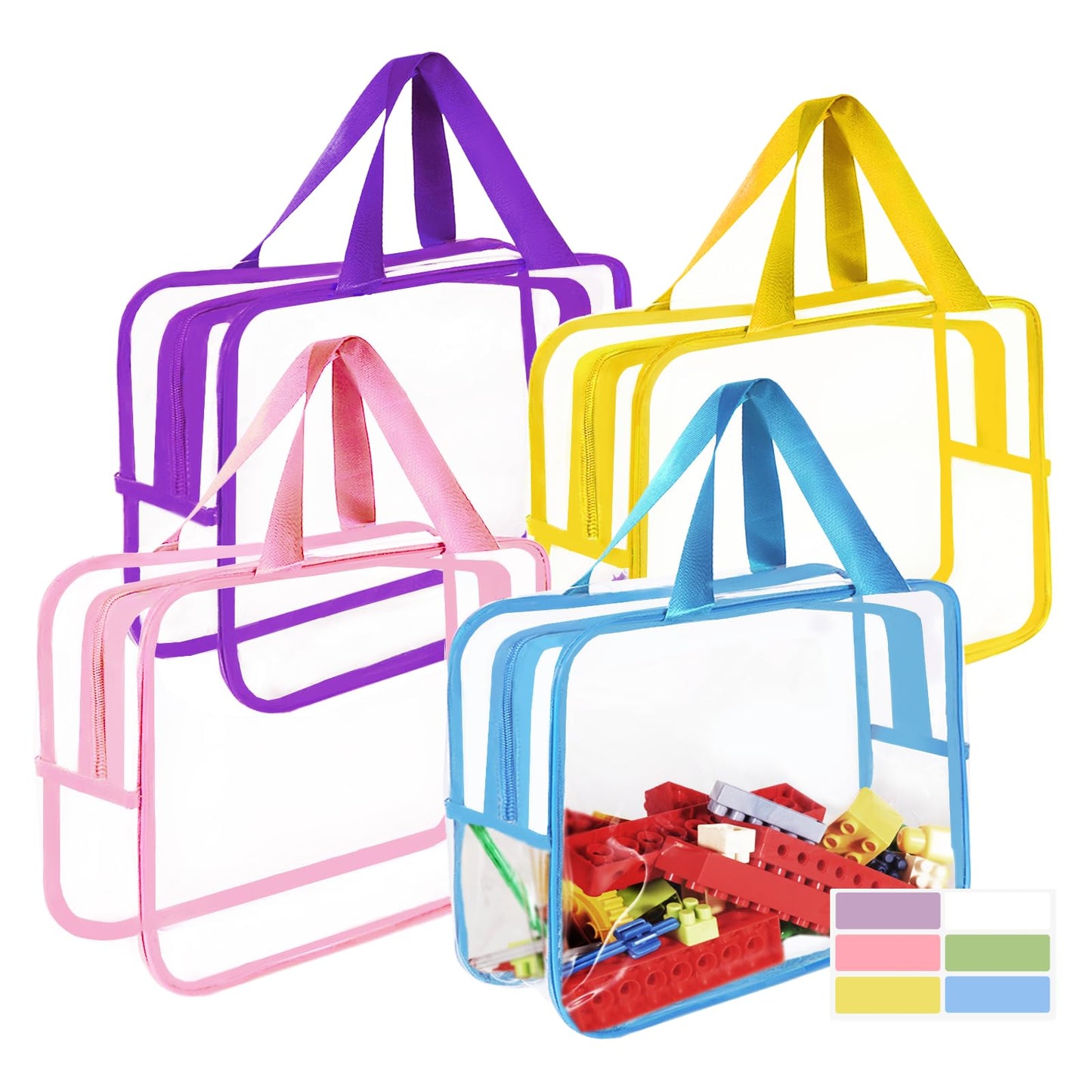 Jiejieko 4 Pcs Toy Storage Bags, Clear PVC Toy Organizer with Zipper, Waterproof Travel Bags with Labels for Building Blocks, Puzzle, Kids Books (multicolor2)