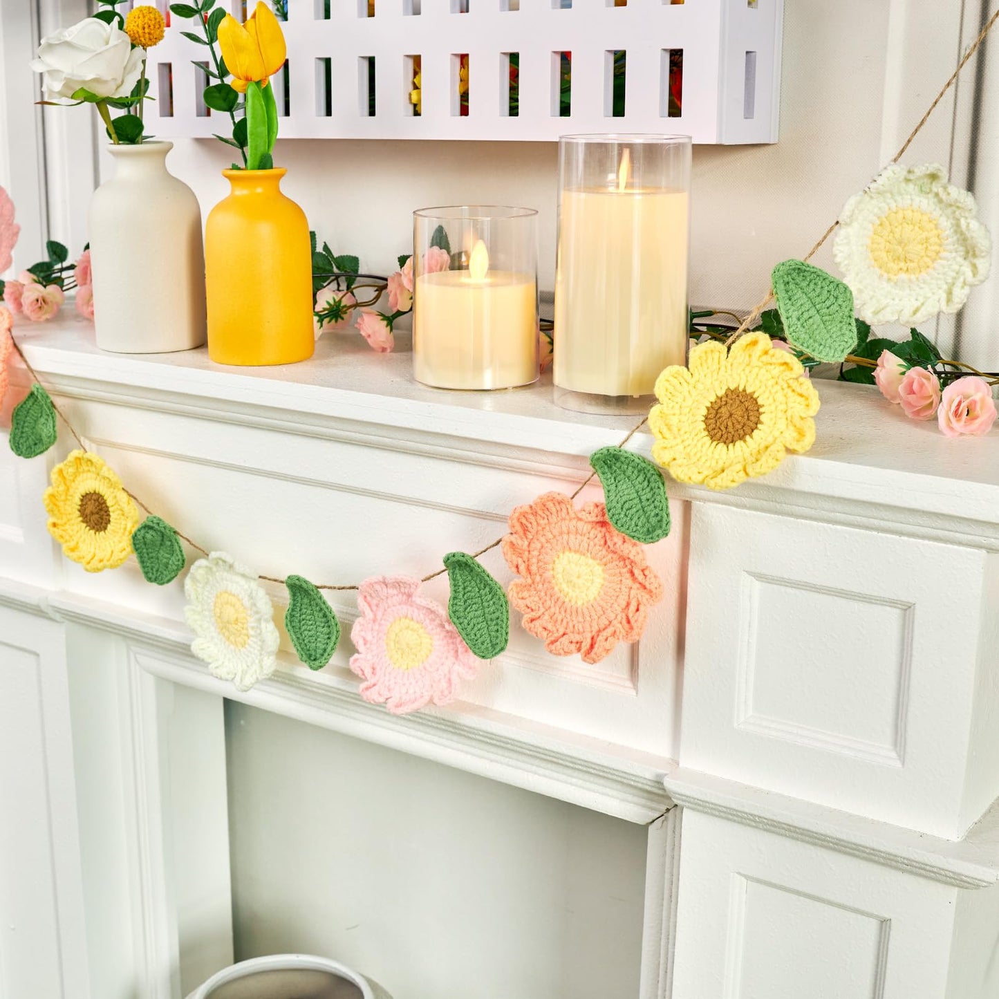 OBBOLO Handmade Crochet Flower Garland, Felt Flower Garland for Girl Nursery Decor, Daisy Garland for Birthday Party, Boho Room Wall Hanging Decoration, Girl 1st Birthday Decor