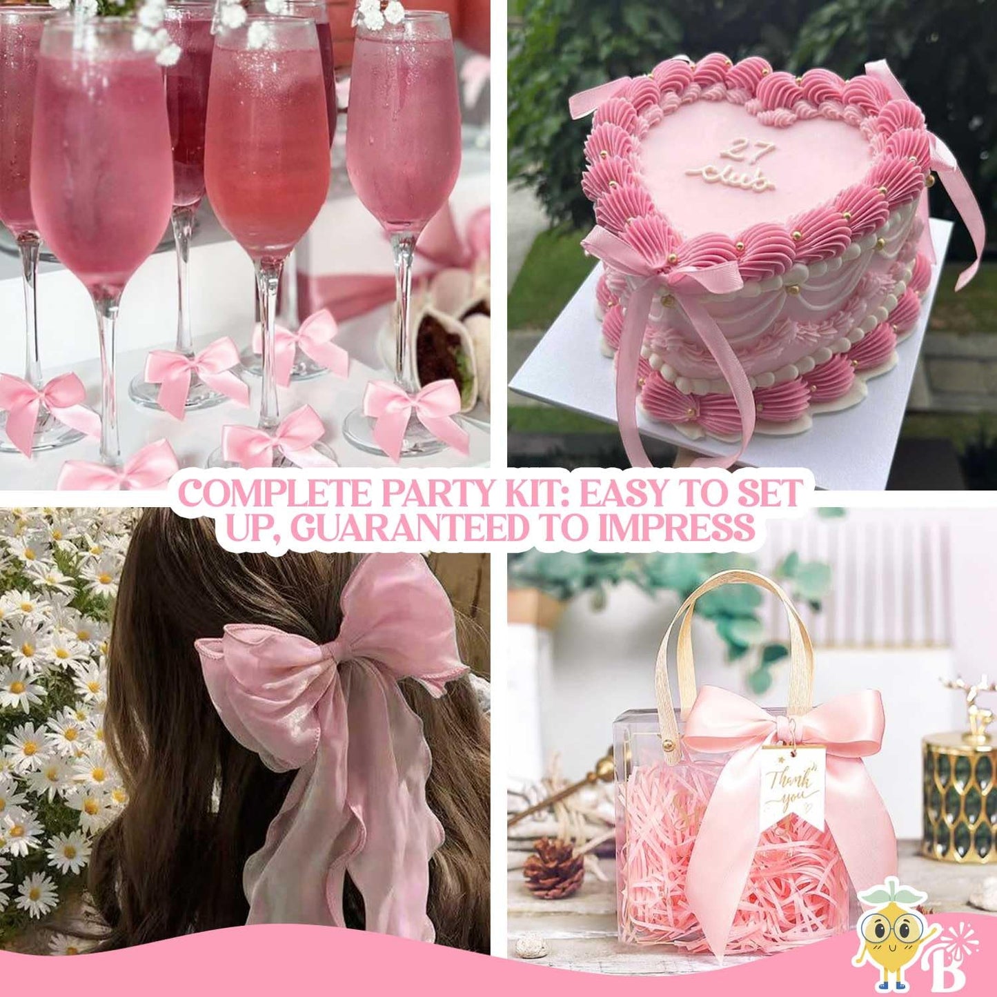 Pink Bow Decor Coquette Party Decorations, Pink Bow Cake Topper, Champagne Glasses, Candles, Balloons, Bow Birthday Party Decorations, Decoracion MoƱos CumpleaƱos Happy Birthday Bow Themed Banner