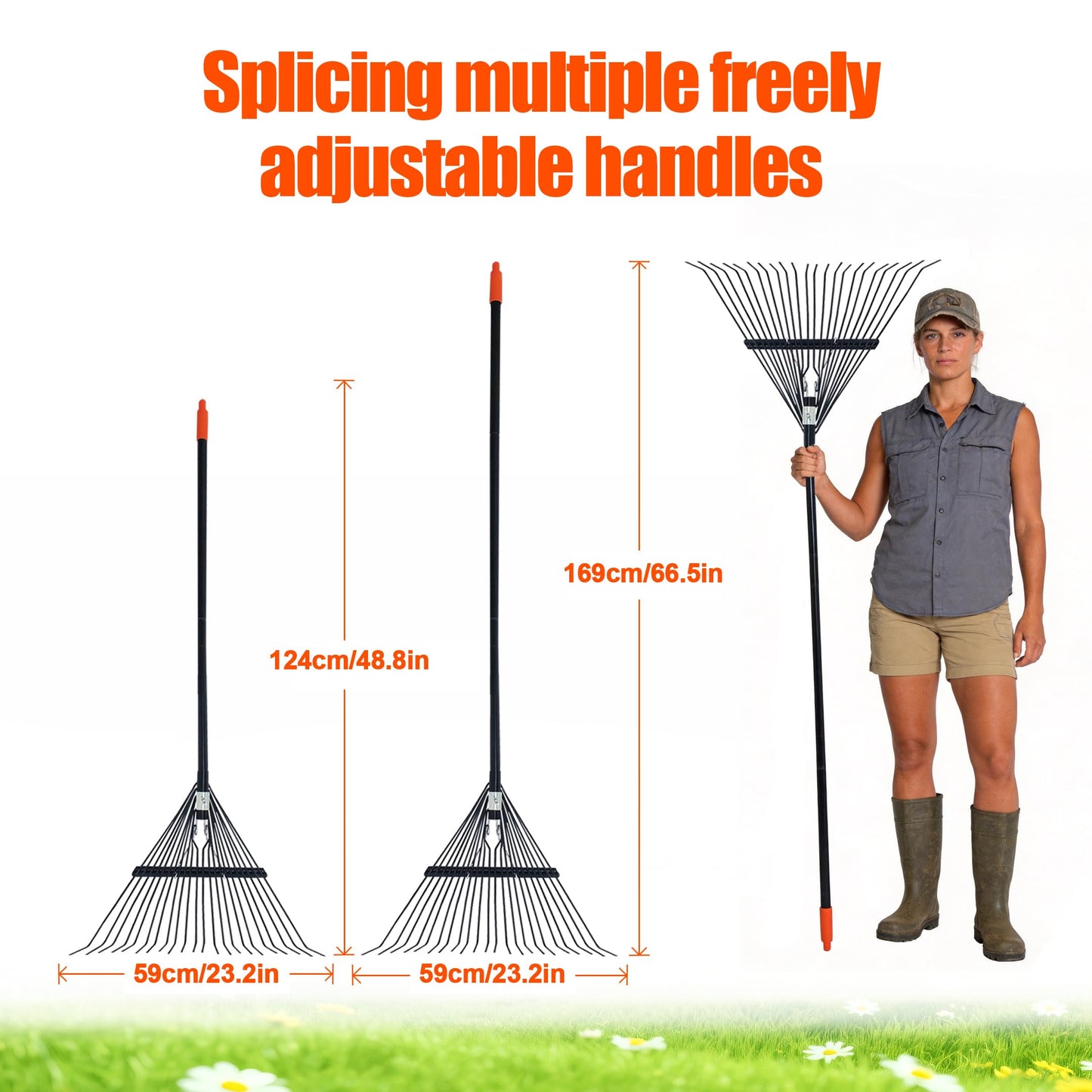 LA ZINNIA Rake for Leaves,22.8" Wide Gardening Leaf Rake for Lawns,22 Metal Tines with 33-67" Adjustable Handle Rakes for Lawns Yard Grass Flower Beds