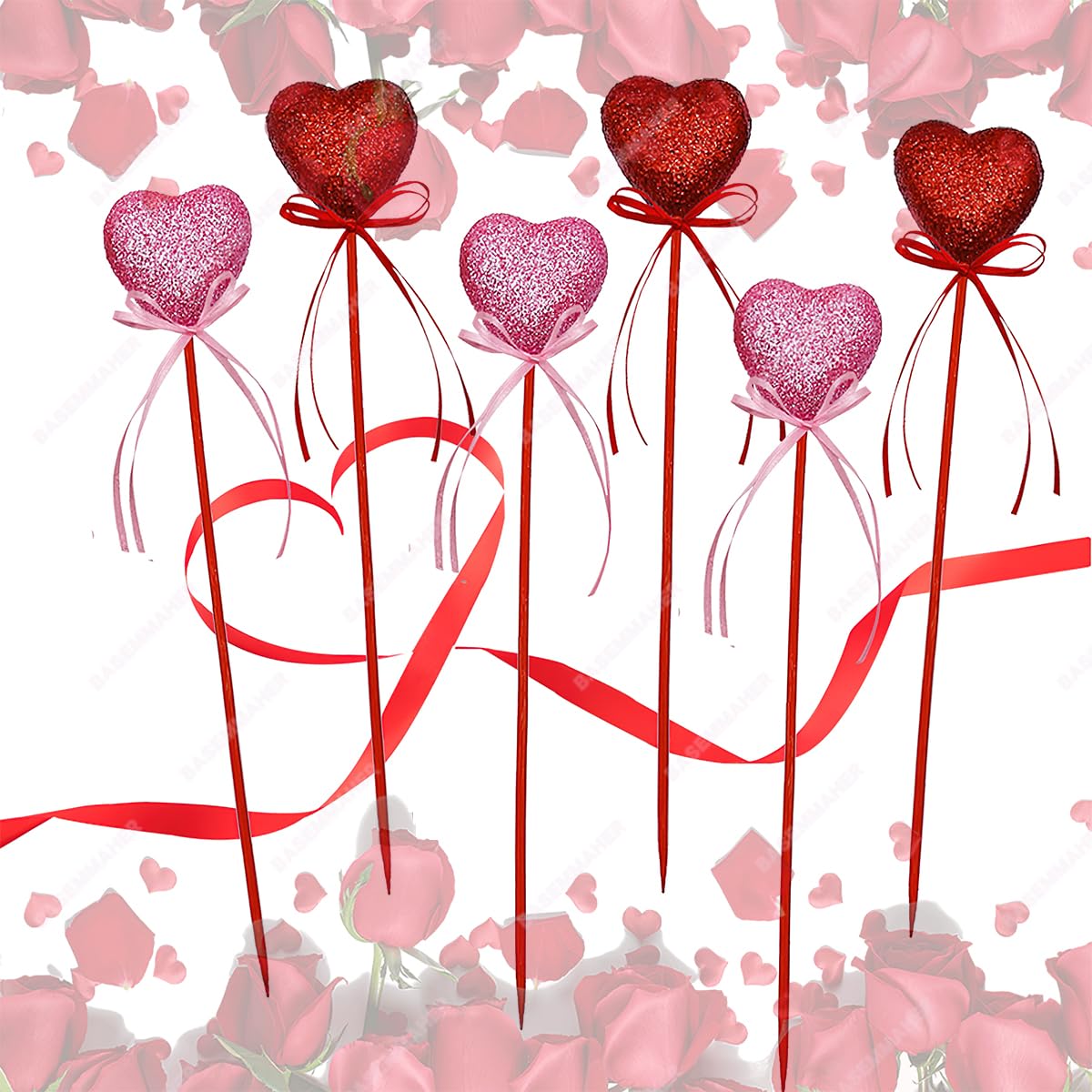 BASEMMAHER 12Pcs Valentine's Day Glitter Red Pink Puffy Heart Picks Foam Heart Picks Sparkly Sticks for Wedding Flower Arrangements Floral Bouquet Home Holiday Party Crafts Supplies Decorations