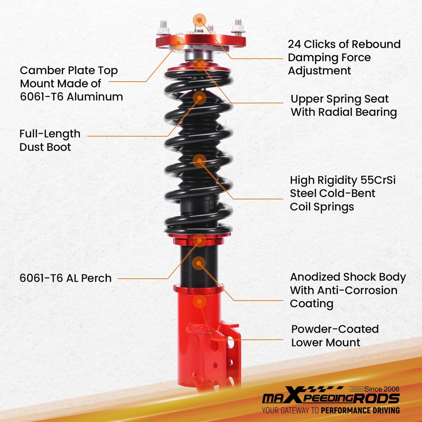 maXpeedingrods Coilovers for Ford Mustang 1994-2004, 24 Levels Damper Adjustable Coilovers Suspension Kit Struts, Height Adjustable Lowering Kit, Red