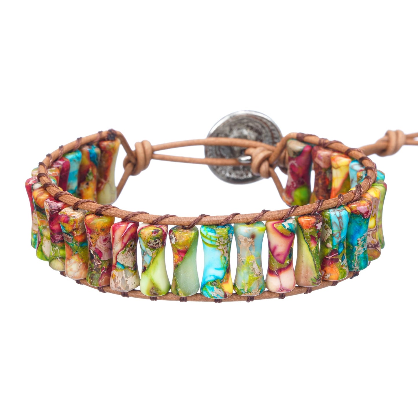 Plumiss Bohemian Colorful Imperial Stone Bracelet - Adjustable Leather Wrap Chakra Bracelet for Women Men, Handmade Colorful Energy Stone Yoga Jewelry Gift
