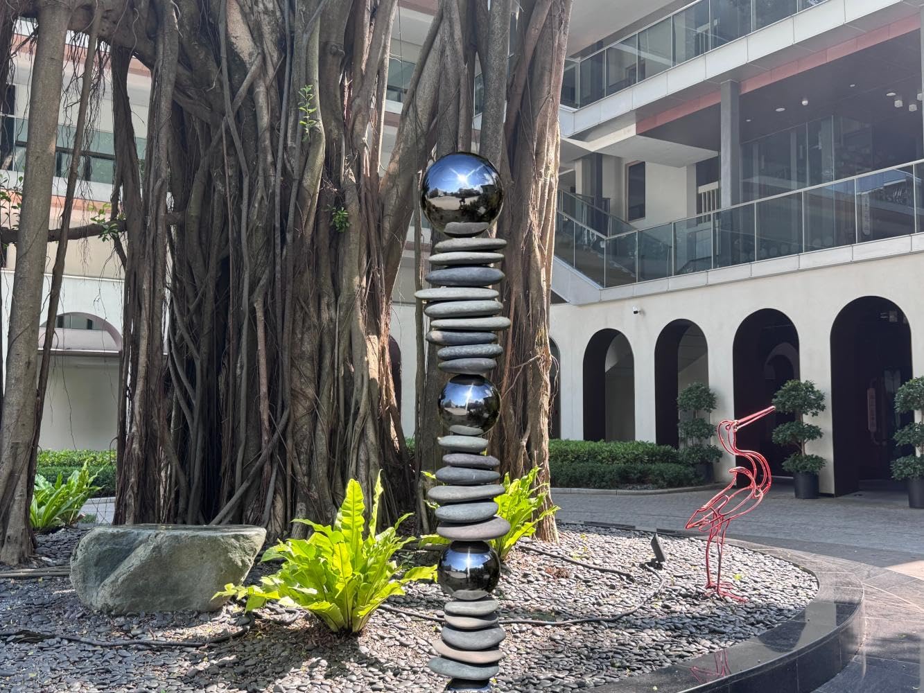 Wensign Zen Garden Ourdoor Decor - 32" Rock & Stainless Steel Sphere Sculpture Stake, Modern Yard Art for Landscape, Patio, or Pathway